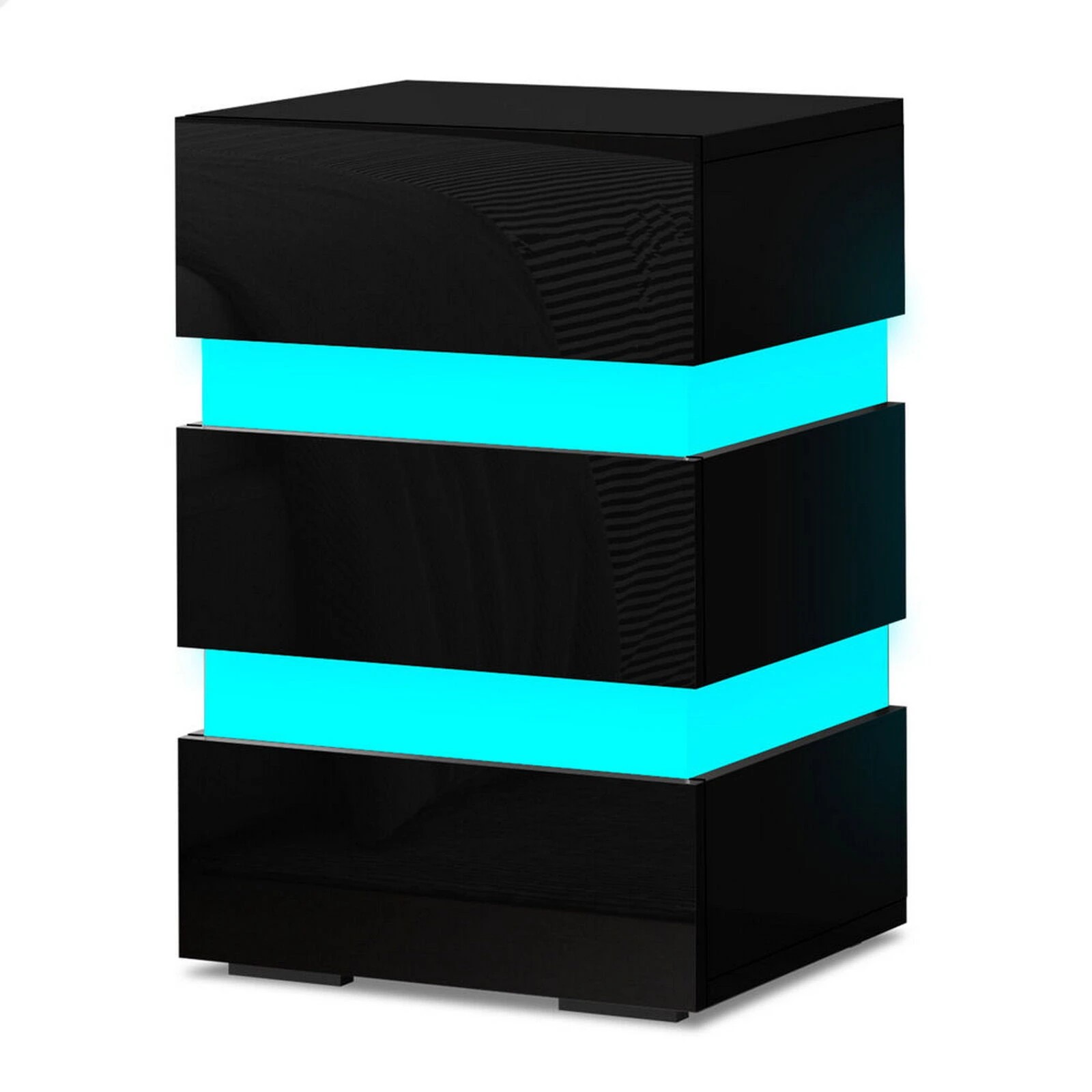 1 Alfordson Bedside Table RGB LED Nightstand 3 Drawers 4 Side High Gloss - Black, 1 of 10