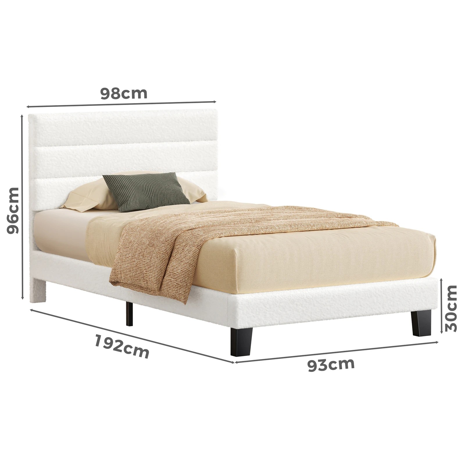 10 Alfordson Bed Frame Single Size Upholstered Platform Boucle Harlene - White, 10 of 10