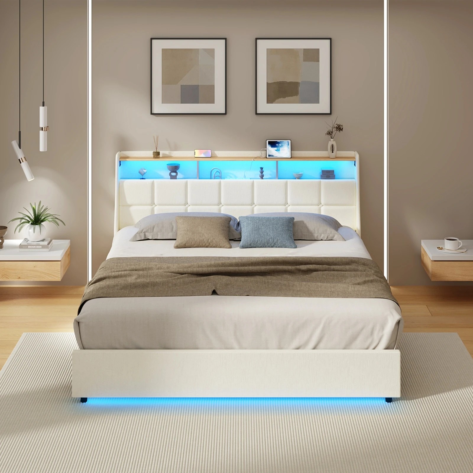 4 Oikiture King Size Bed Frame with LED Storage Headboard USB Charging - Beige, 4 of 6