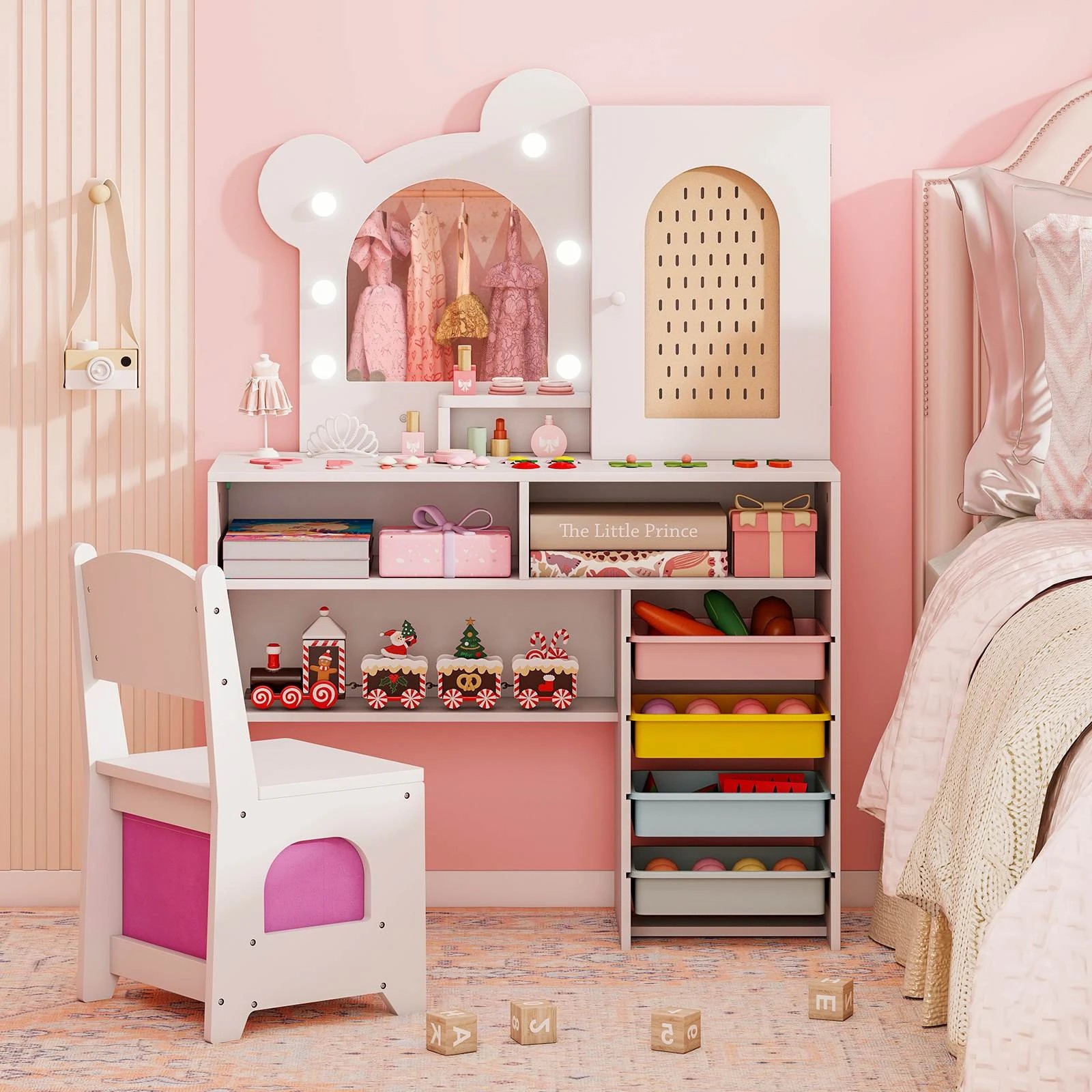 2 Costway Vanity Desk Set Dressing Table & Chair w/Lighted Mirror - White, 2 of 3