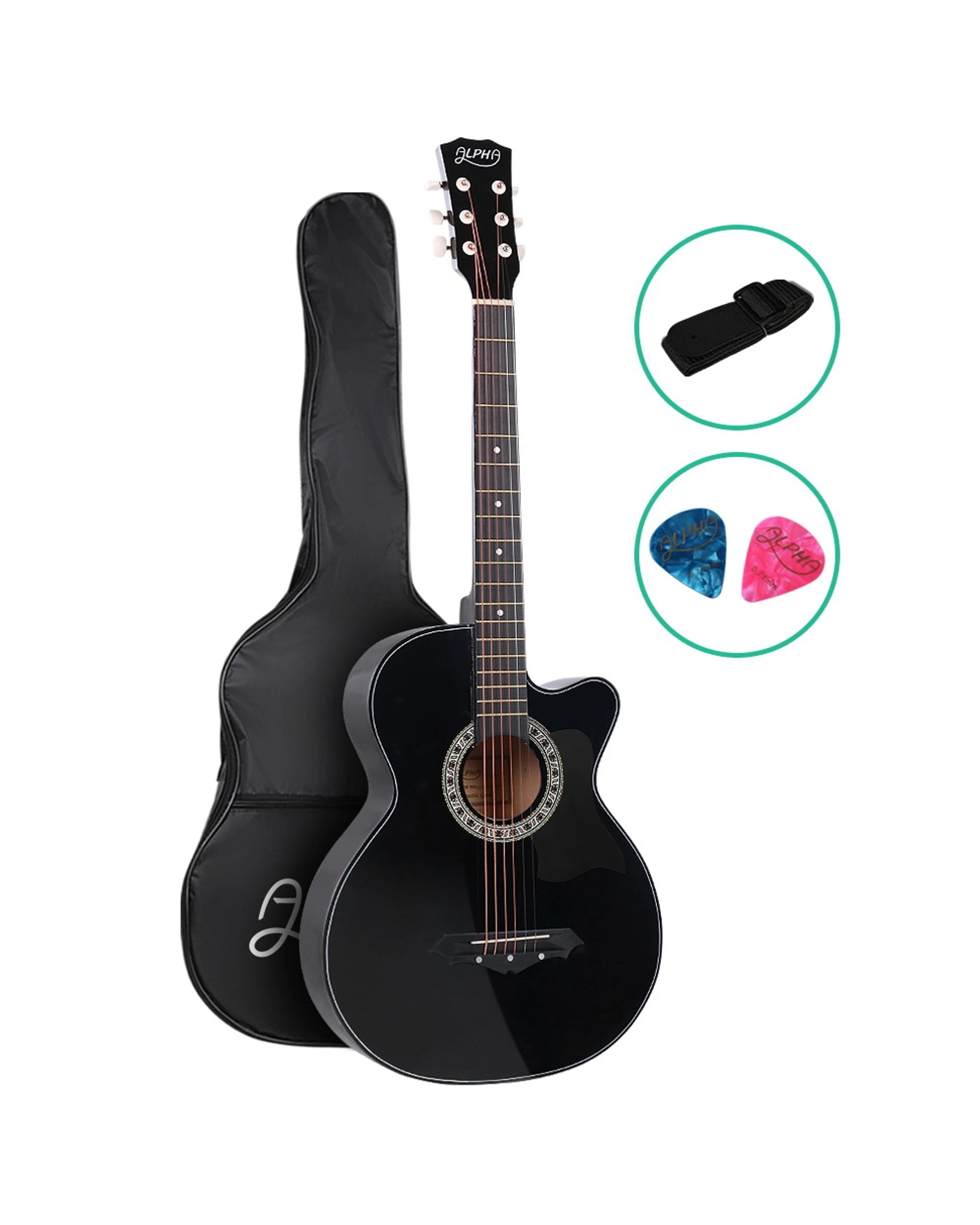 1 Alpha 38 Inch Acoustic Guitar Wooden Body Steel String Full Size Cutaway - Black, 1 of 8
