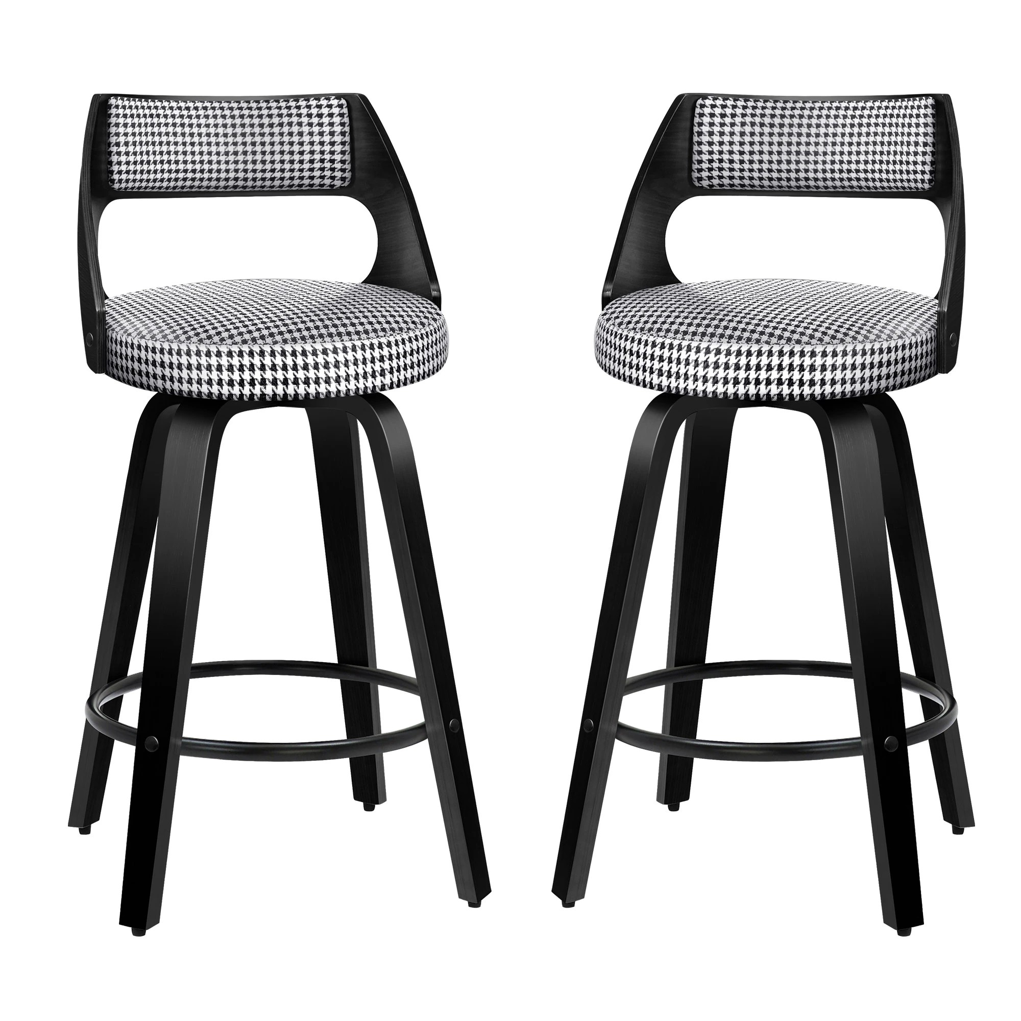 1 Alfordson 2x Swivel Bar Stools 65cm Houndstooth Kitchen Dining Chair - Black, 1 of 9