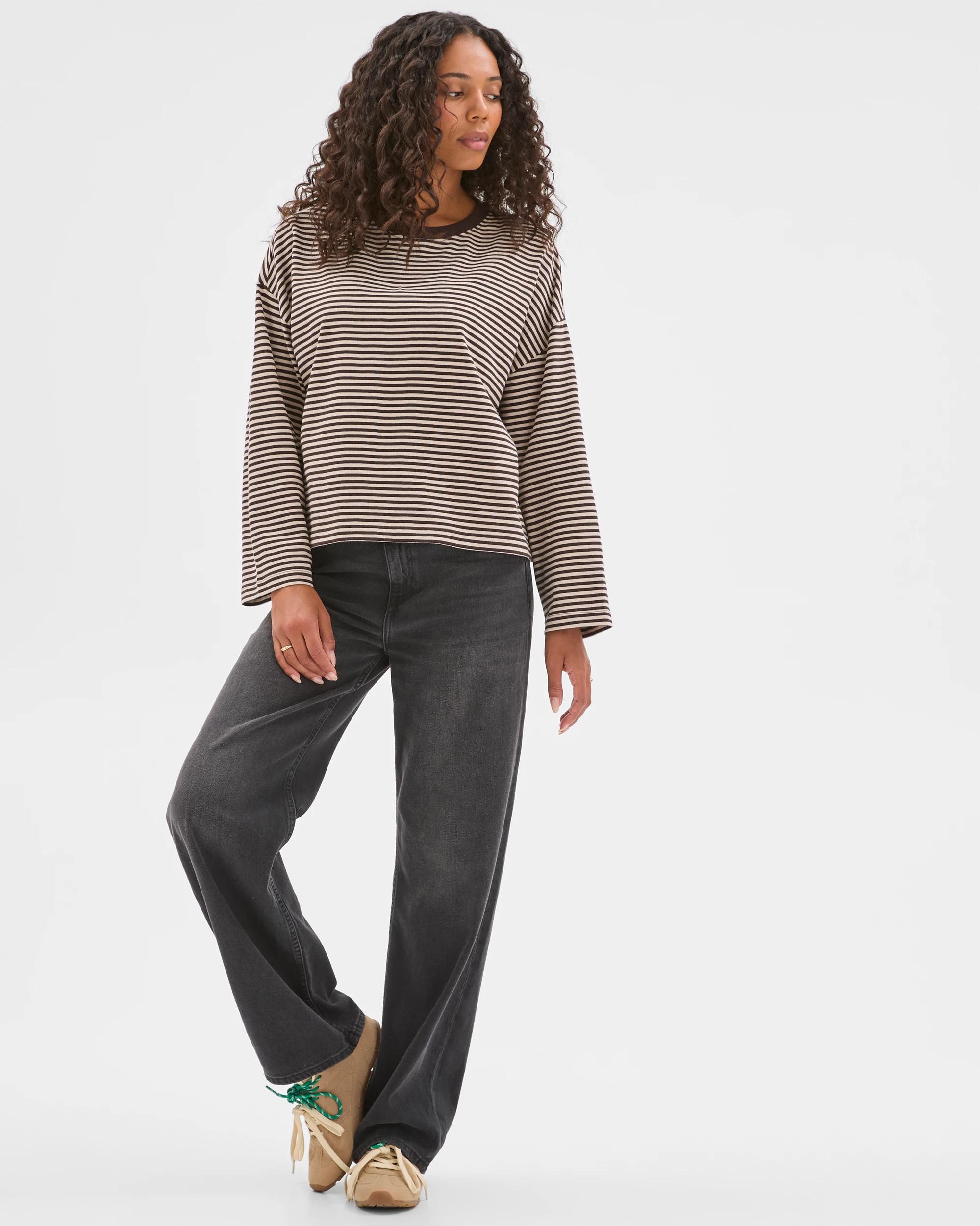3 Target Woman Australian Cotton Long Sleeve Heavyweight Oversized T-Shirt BRUNETTE/BIRCH STRIPE, 3 of 7