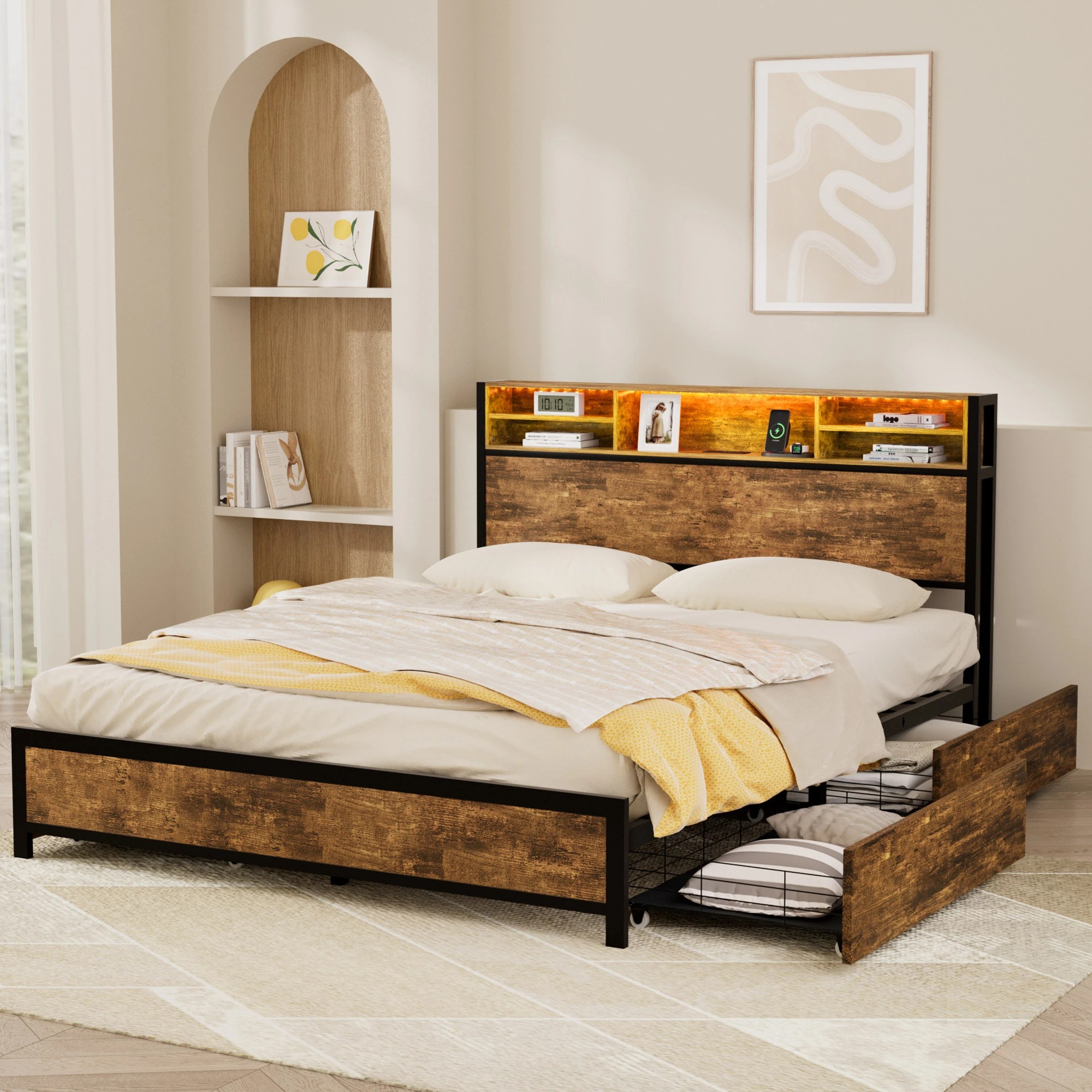 7 Levede Q Size Bed Frame Industrial with LED and Charging Station, 7 of 9