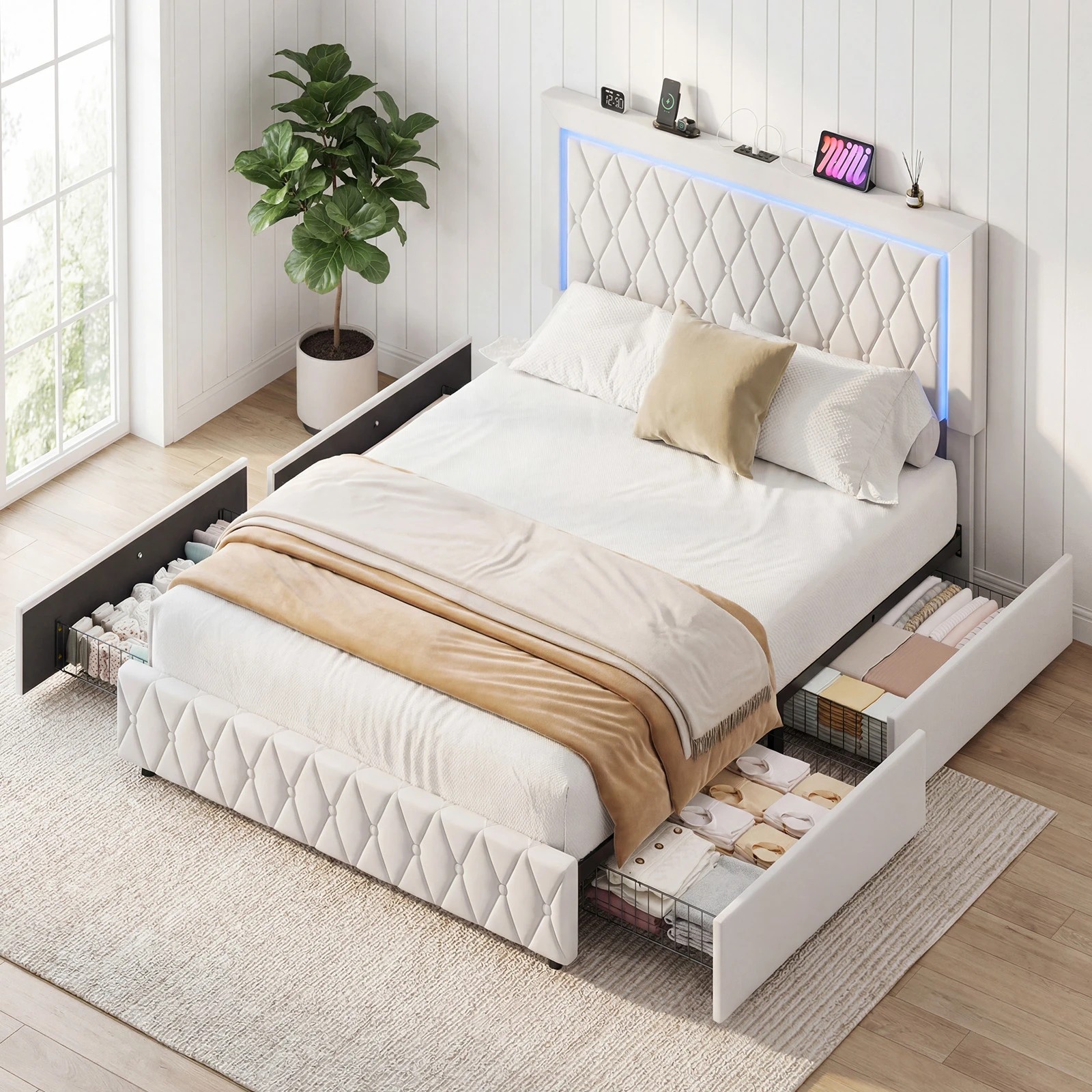 8 Advwin Queen Velvet LED Bed Frame with Drawers and Charging - Beige, 8 of 8