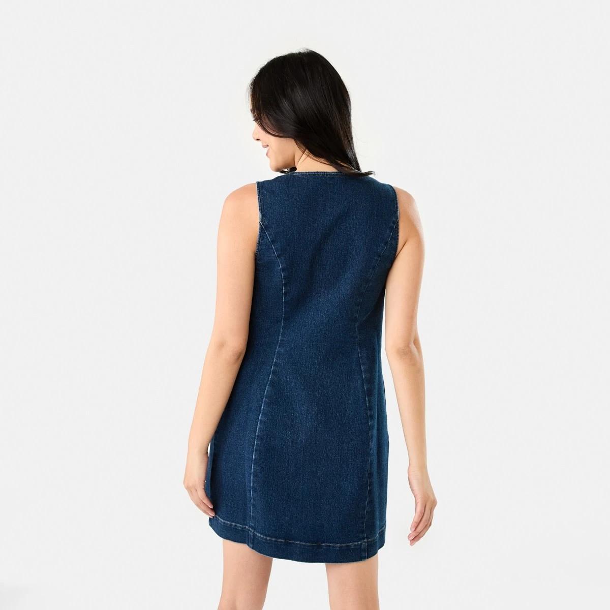 4 Sleeveless Boat Neck Denim Mini Dress DARK DENIM WASH, 4 of 8