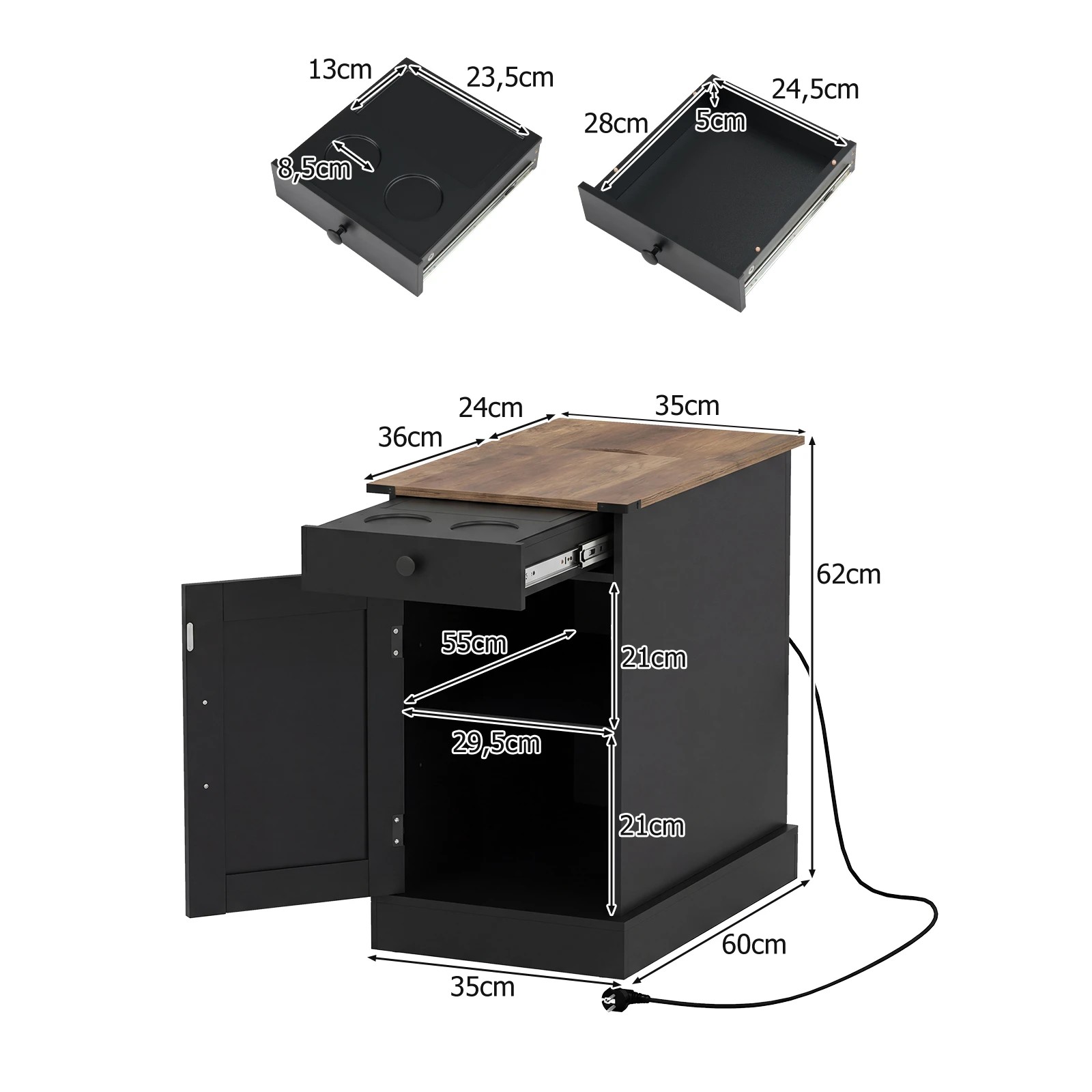 2 Costway Bedside Table w/Power Outlets Sofa Side Table - Black, 2 of 7