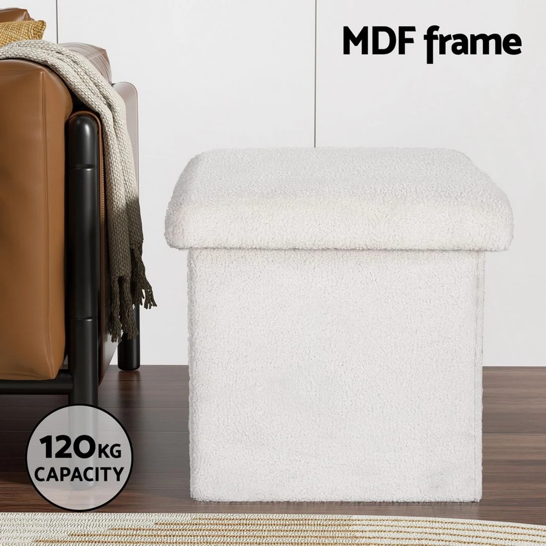 4 Artiss Ottoman Storage Foot Stool Vanity Square Teddy - White, 4 of 6