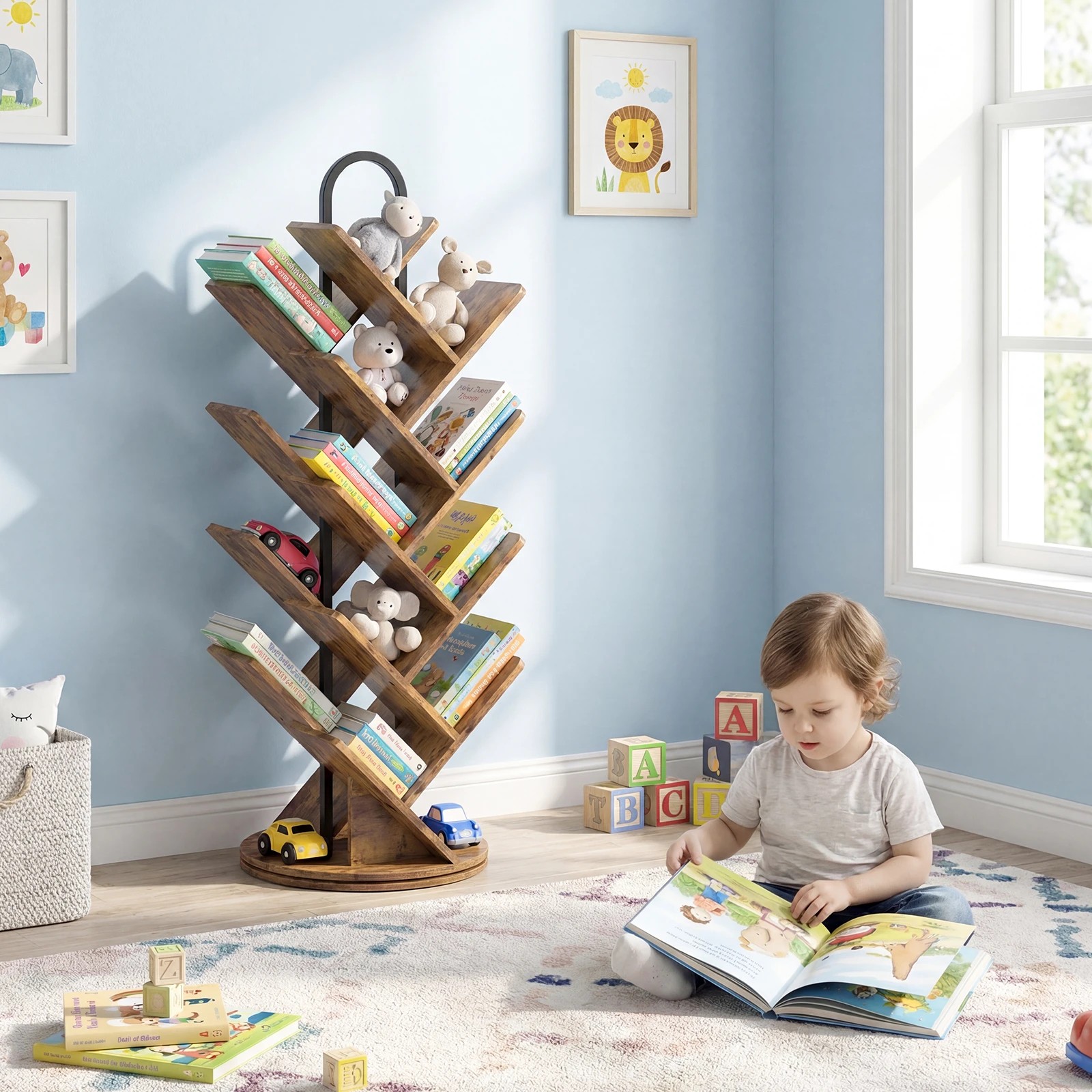3 Advwin 16-Tier Tree Rotating Bookshelf Narrow Bookcase - Brown, 3 of 6