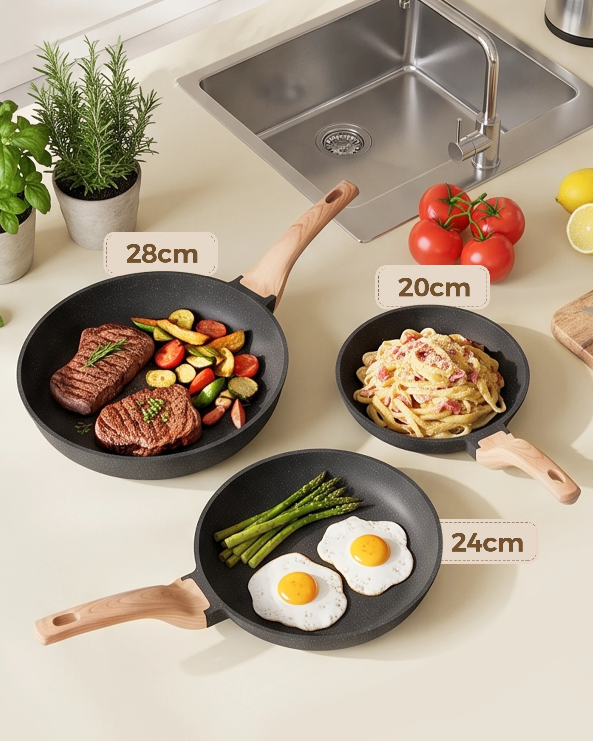 4 ZUNI 3PCS Nonstick Cookware Frying Pan Set Stainless Steel Base Black, 4 of 9