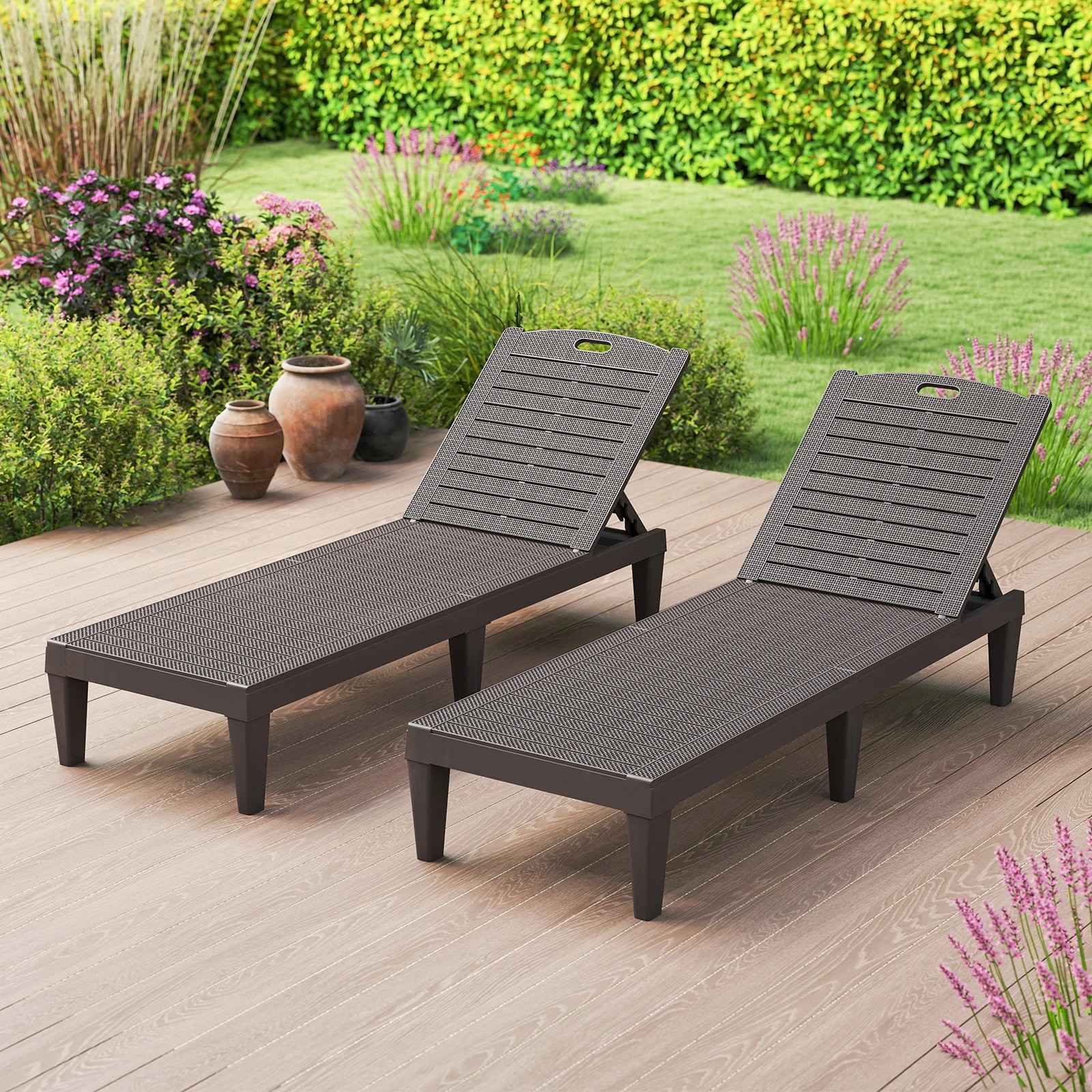 4 Costway 2x Outdoor Lounge Chairs PP Recliner Lounger w/4-Position Backrests - Brown, 4 of 6