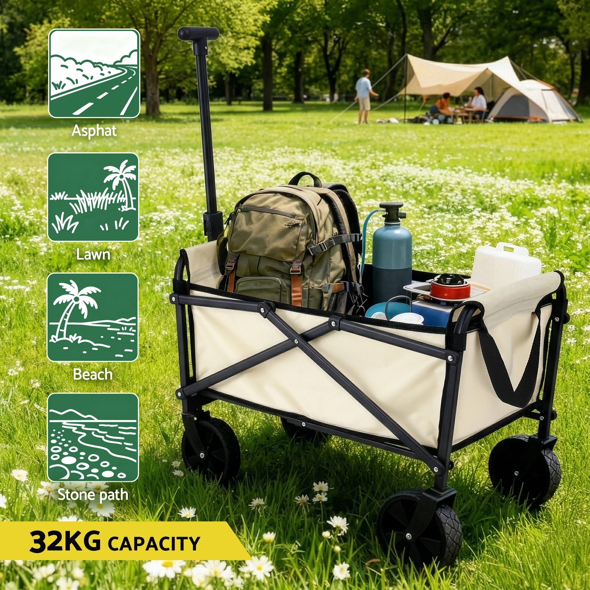 3 Gardeon Garden Cart Folding Trolley Camping Wagon Barrow Outdoor Beach - Beige, 3 of 7