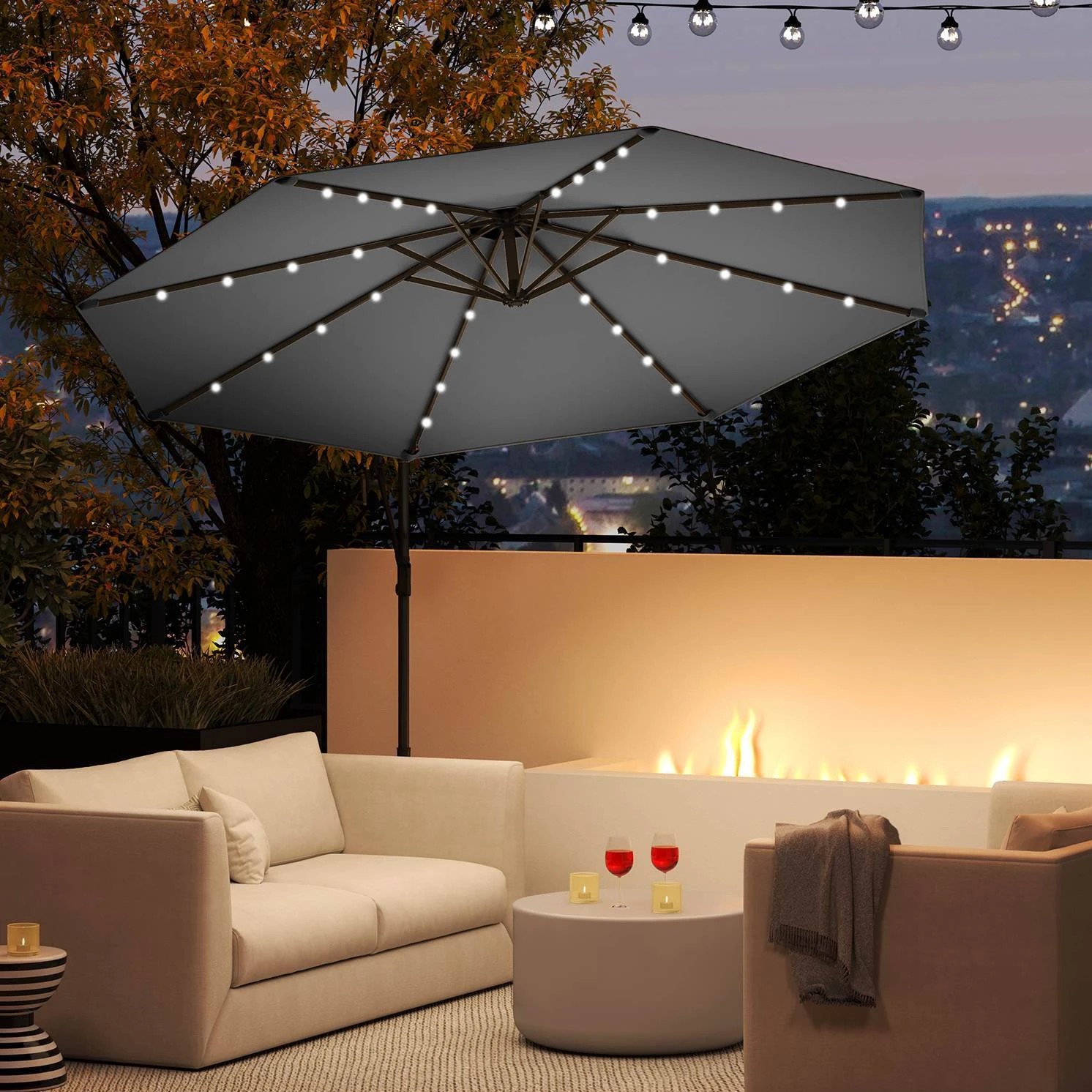 2 Costway 3M Patio Offset Umbrella Solar LEDs Cantilever Umbrella - Grey, 2 of 2