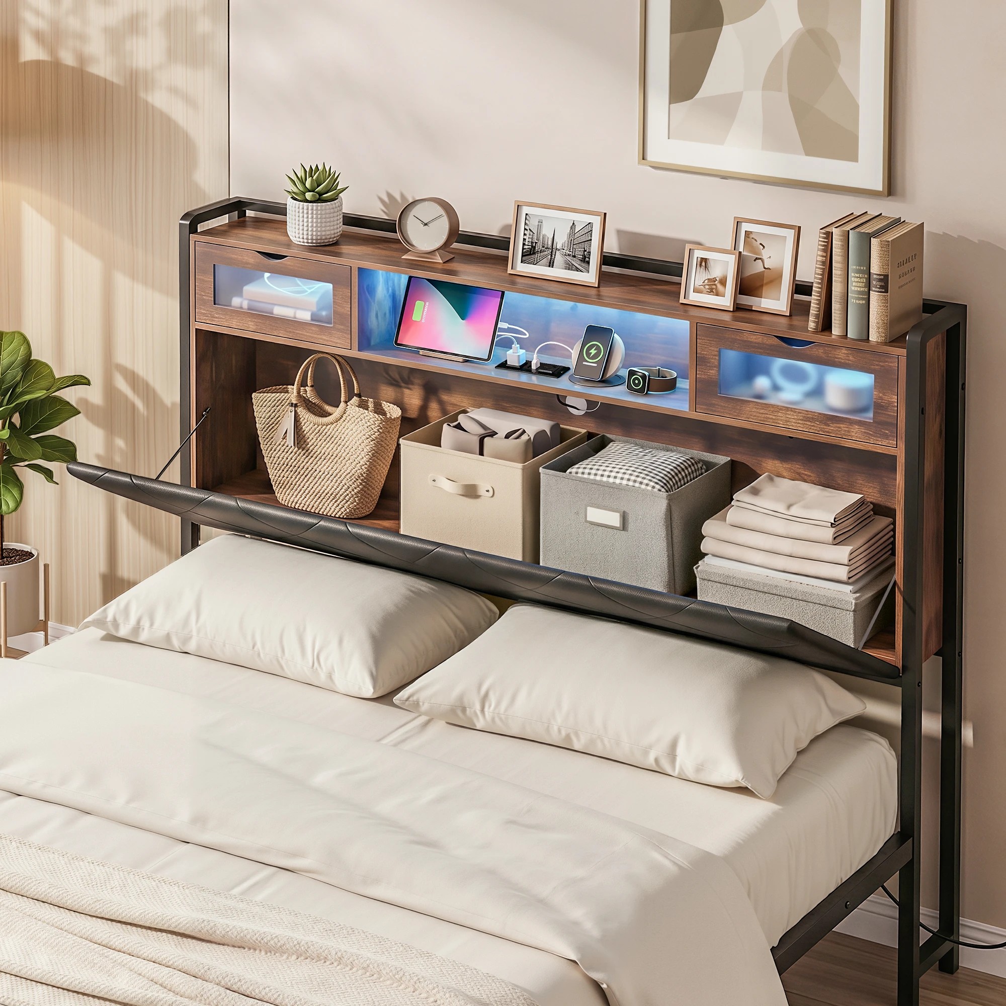 5 Artiss Queen Bed Frame with LED Lights and Storage Headboard Charging Station - Black, 5 of 9