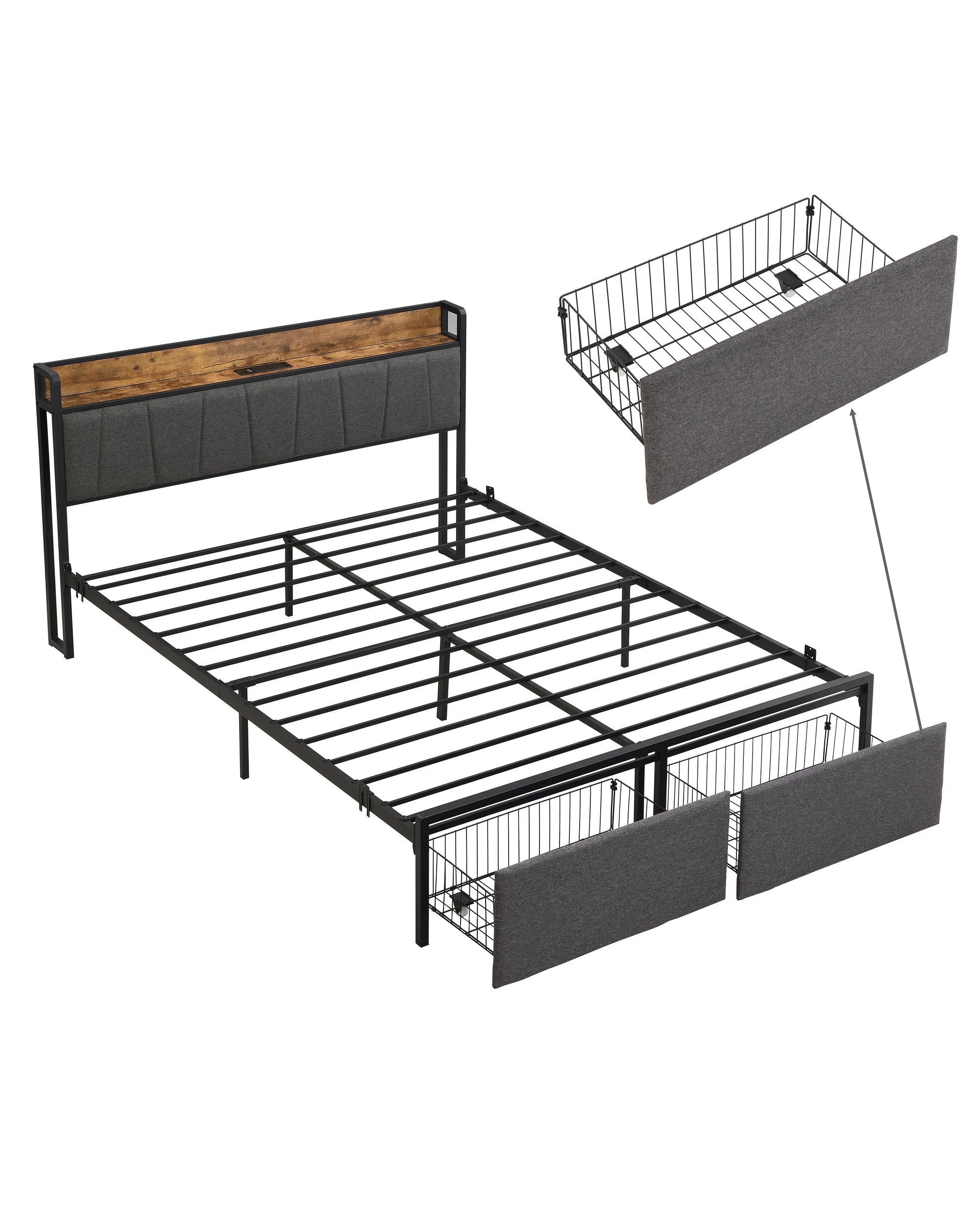 9 IHOMDEC BED04 Queen Bed Frame Charging Station 2 Drawers - Grey - Queen Bed - Grey, 9 of 10
