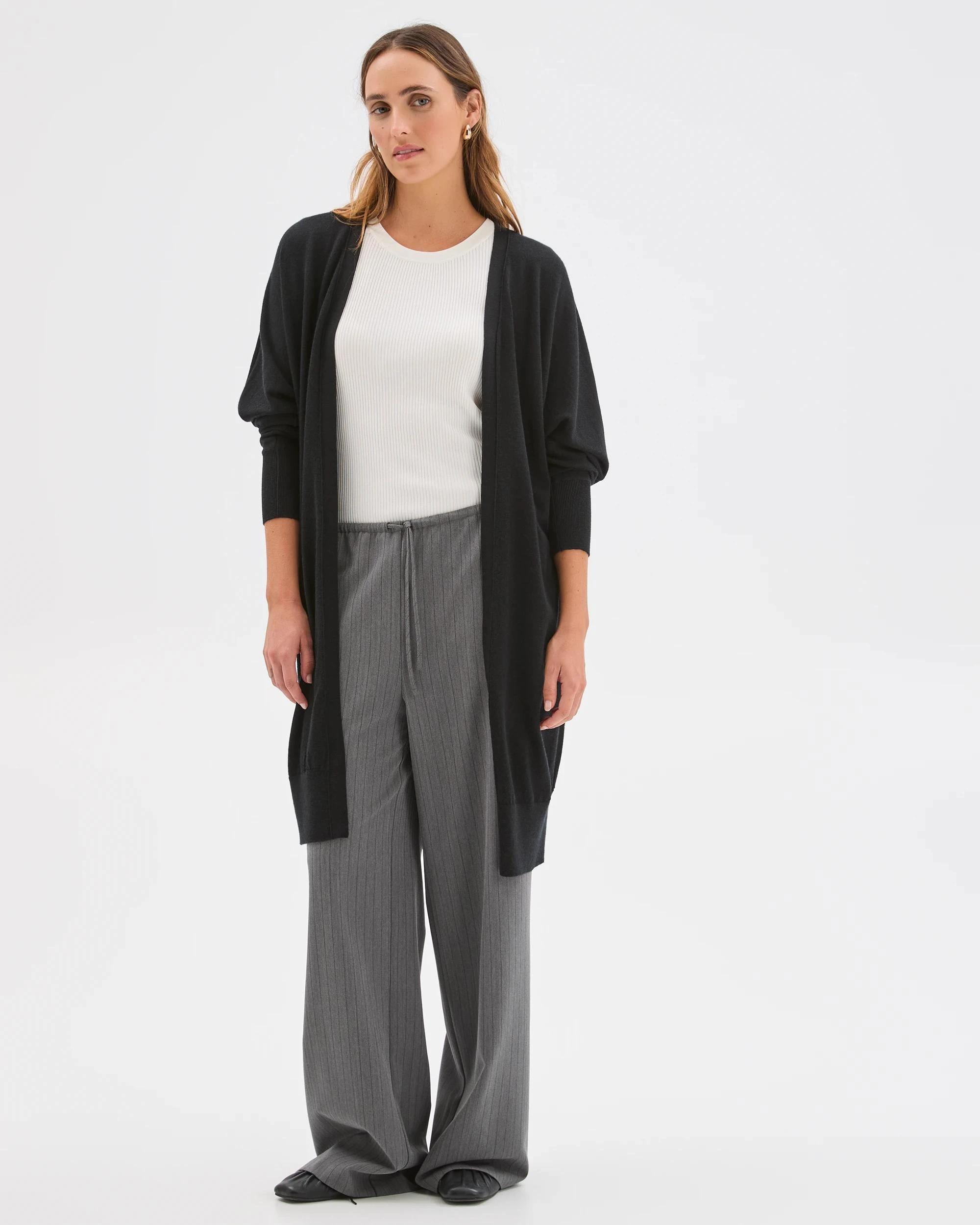 1 Preview Australian Merino Wool Long Sleeve Longline Cardigan BLACK, 1 of 6