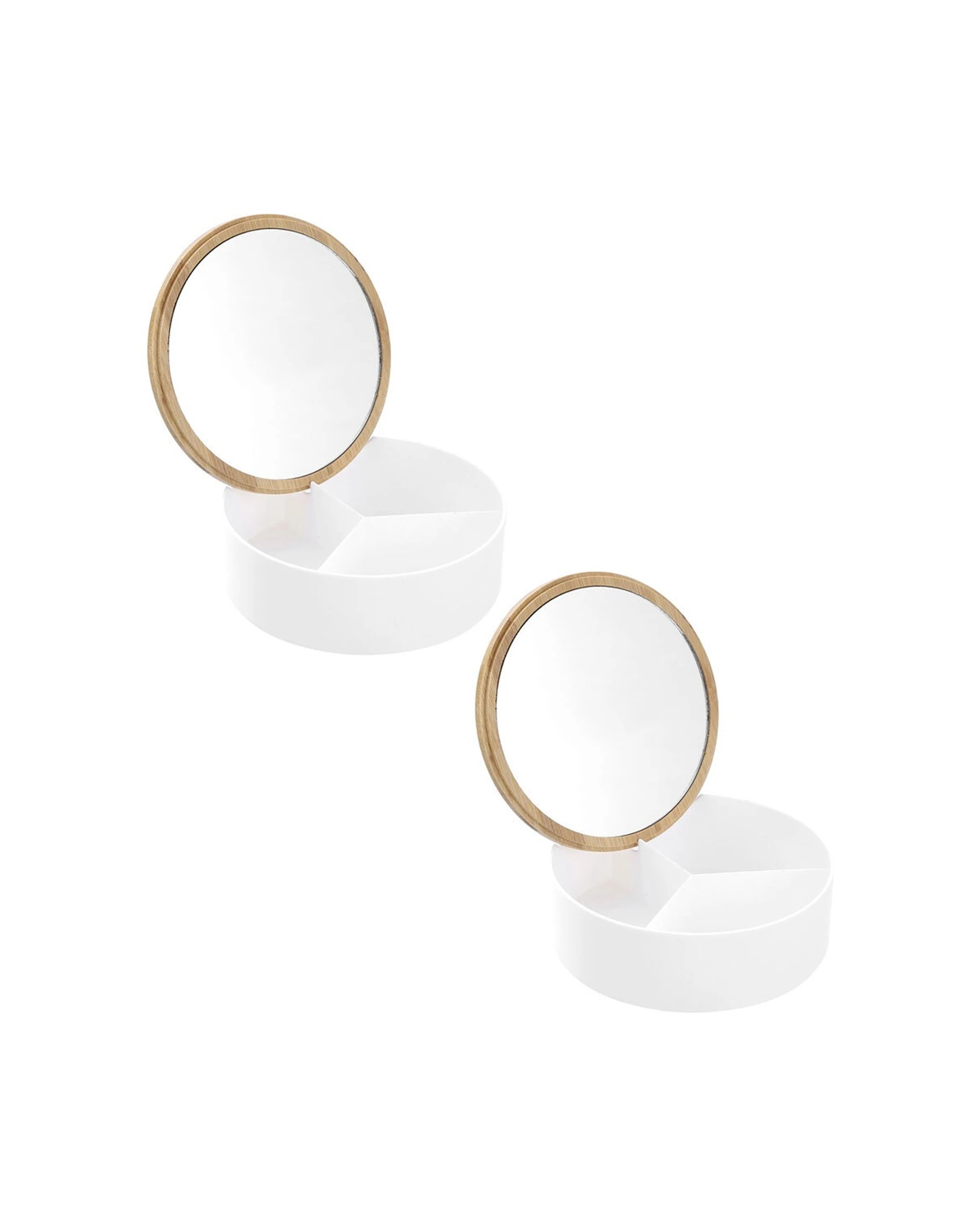 1 BOXSWEDEN Bano Round Organiser Box With Mirror Bamboo Top 14cm 2PK, 1 of 6