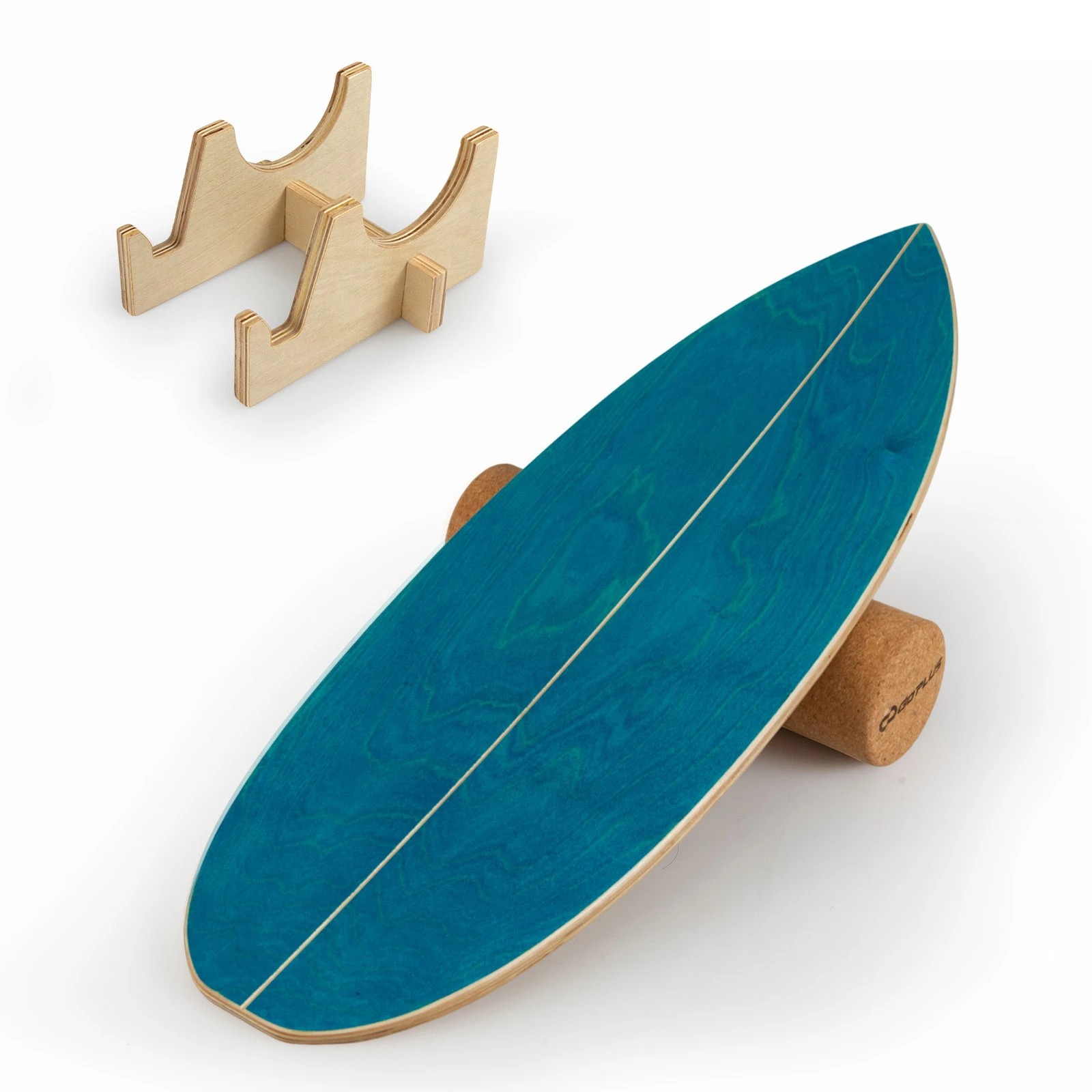 1 Costway Wood Wobble Balance Board Trainer w Cork Roller & Storage Rack Home Gym Exercise - Blue, 1 of 4