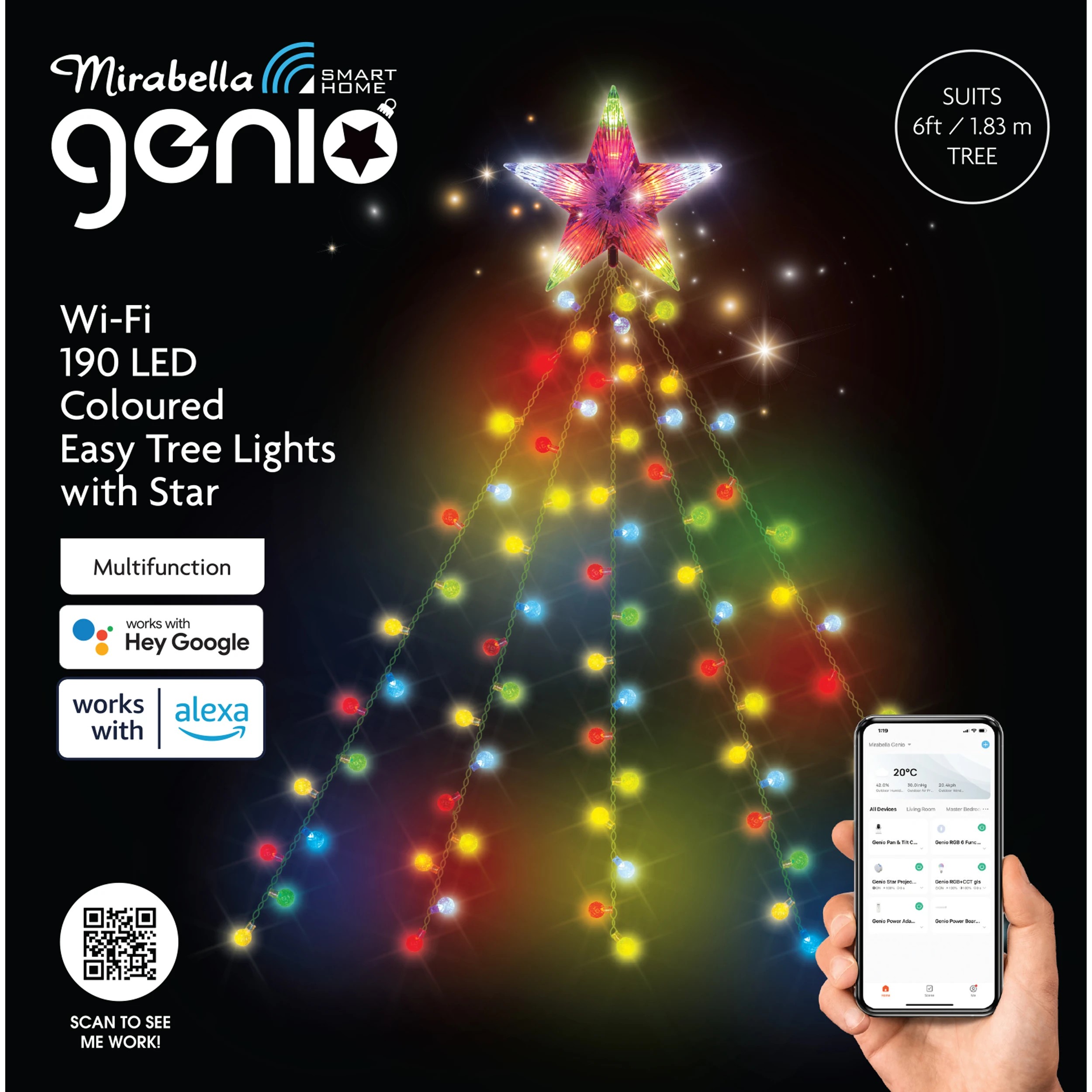 1 Mirabella Genio Wi-Fi 190 LED Coloured Easy Tree Lights with Star, 1 of 5