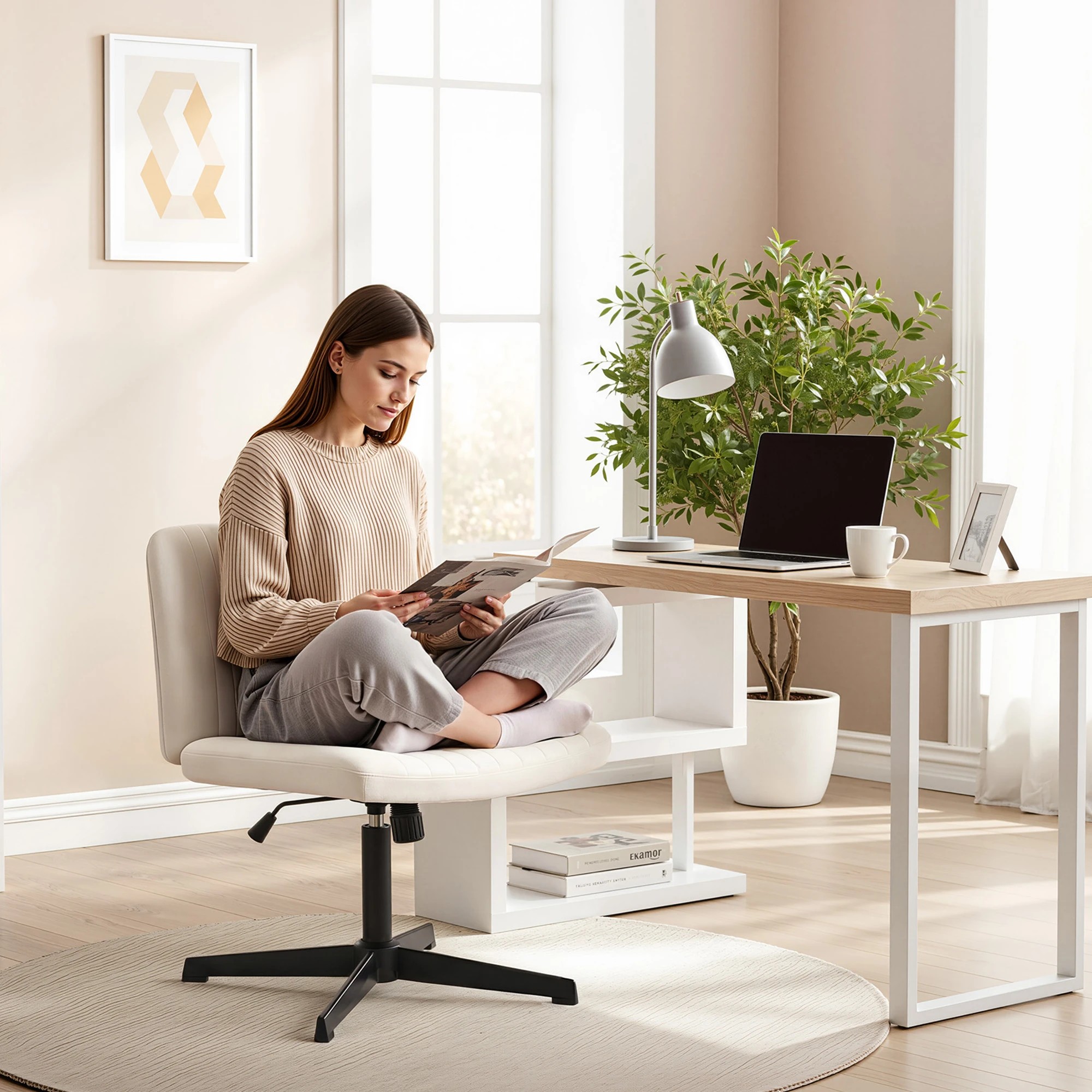 5 Artiss Office Desk & Chair Set 140cm Computer Desk Rotatable Shelf & Criss Cross Office Chair Armless Swivel - Multi, 5 of 7