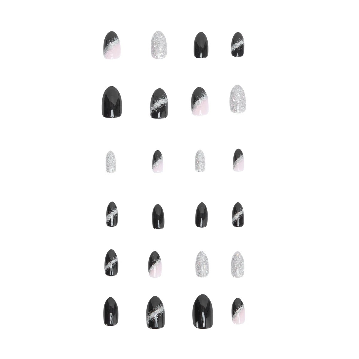 5 OXX Cosmetics 24 Pack Artificial Nails with Adhesive - Almond Shape, Black and Silver Glitter, 5 of 5