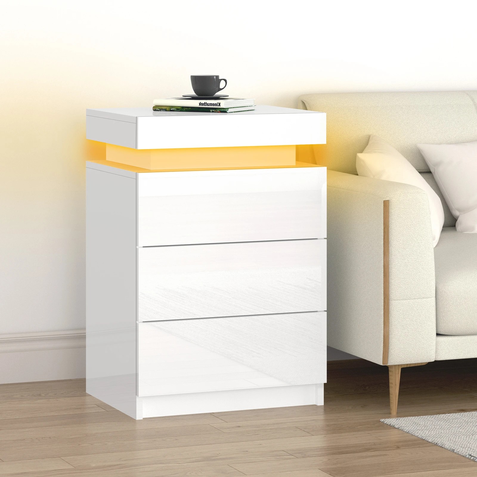 4 Alfordson 2x Bedside Table LED Nightstand 3 Drawers High Gloss - White, 4 of 10
