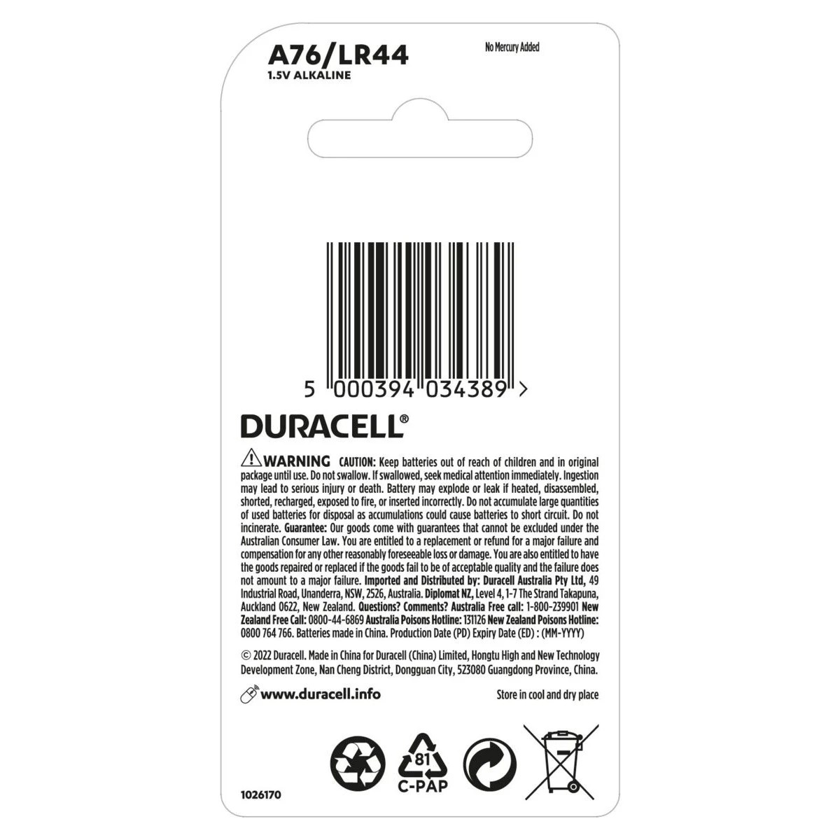 2 2 Pack Duracell Specialty A76/LR44 Button Batteries, 2 of 7