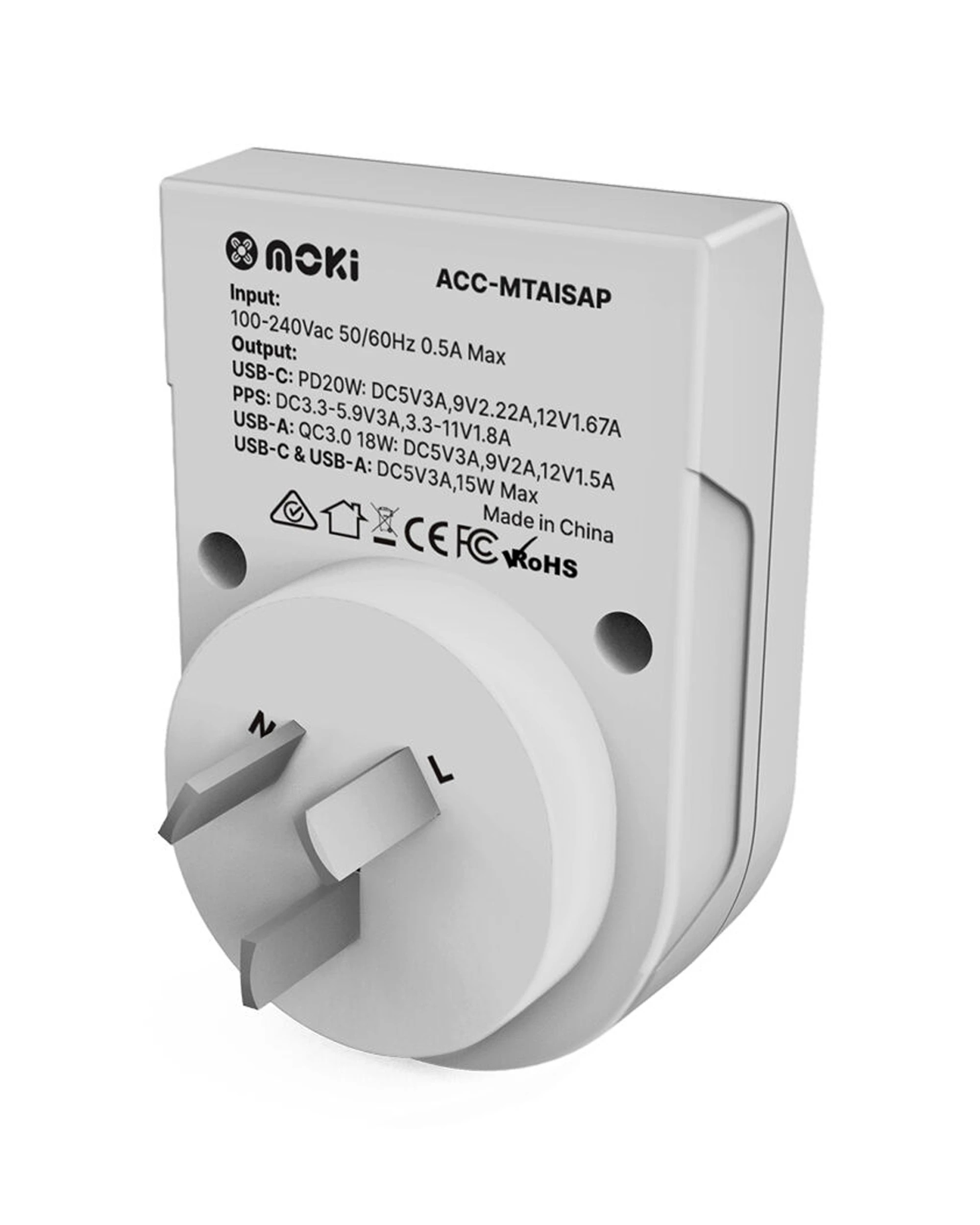 3 Moki Travel Adaptor Plus Inbound India to AU NZ with Type-C and USB-A - White, 3 of 3