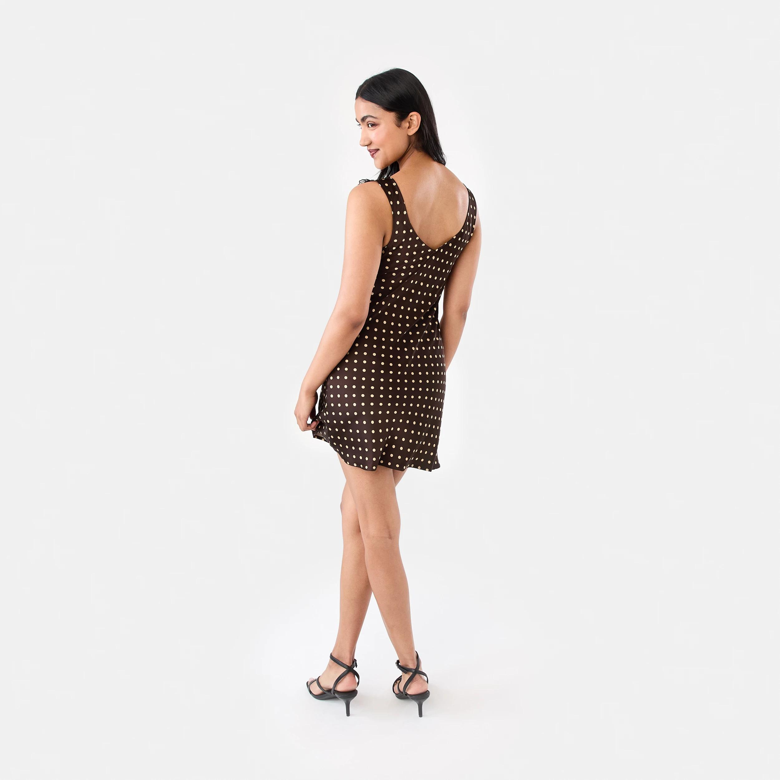 4 Satin Tie Mini Dress Brown Dot, 4 of 7
