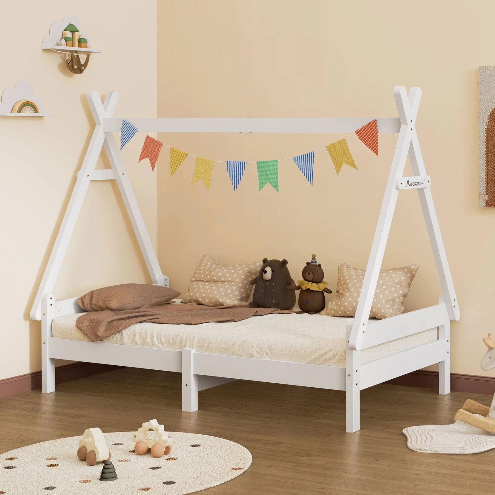 7 Alfordson Kids Bed Frame Wooden Timber Single House Frame Platform Base Estelle - White, 7 of 10