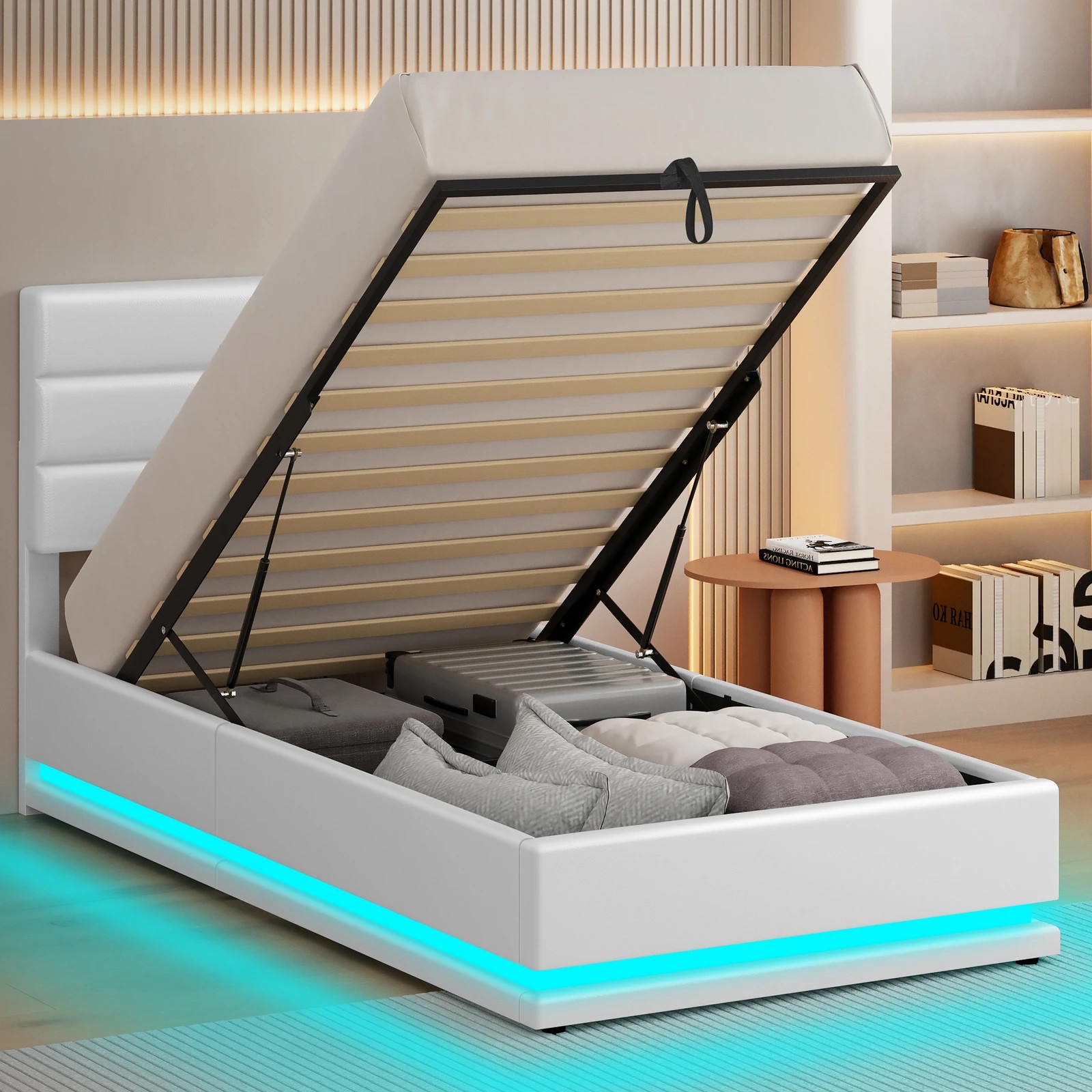 5 Alfordson Bed Frame Single Size Platform RGB LED Gas Lift Base Storage - White, 5 of 10