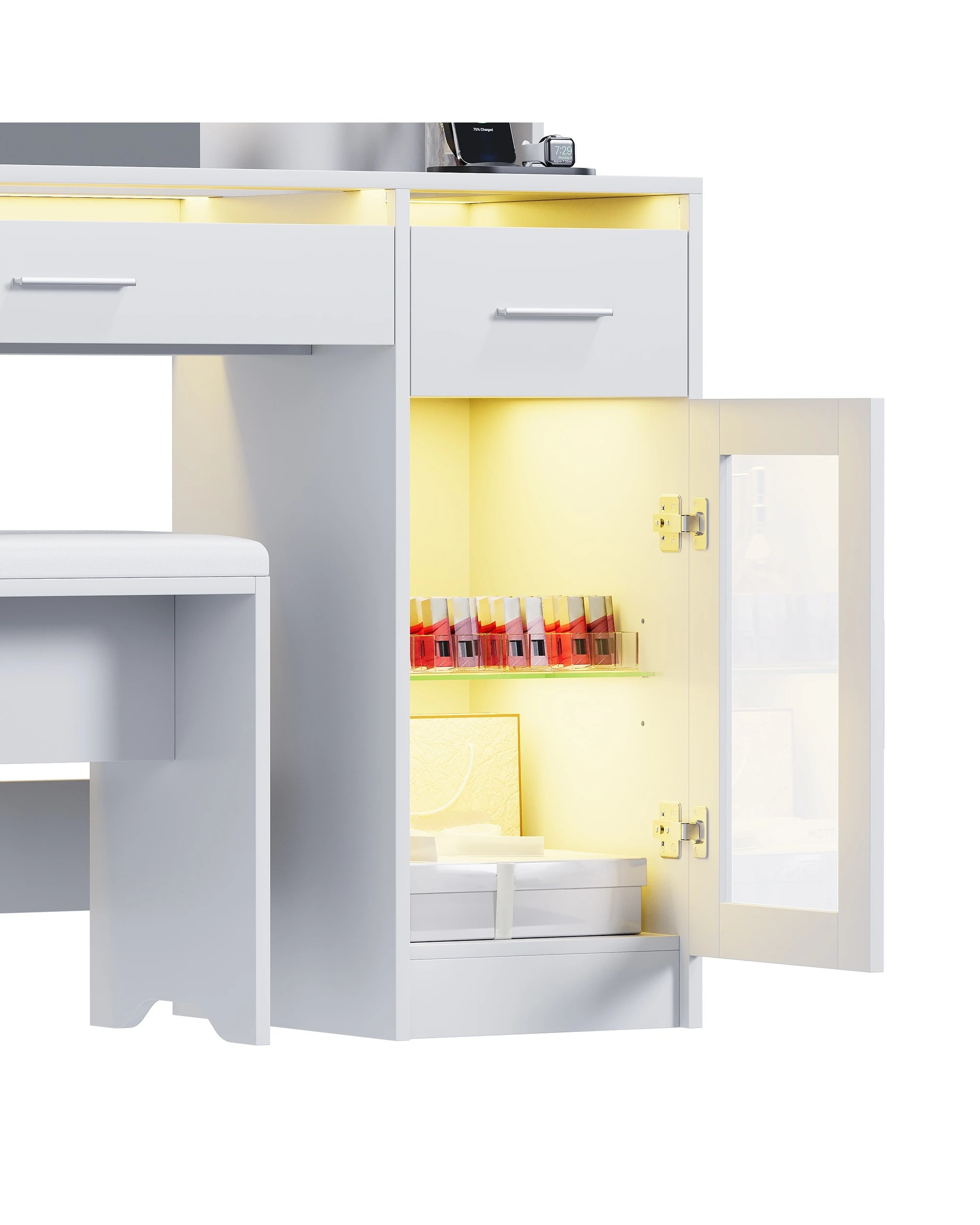 6 Advwin Dressing Table Vanity Desk with Glass Tabletop & Cabinet LED Light Charging Station - White, 6 of 9