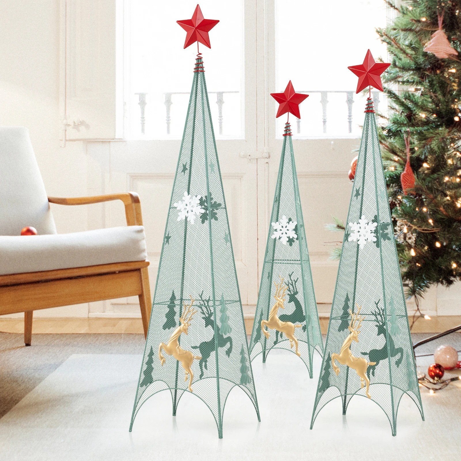 4 Costway 3PCS Tower Shaped Artificial Christmas Trees w/Removable Star Toppers, 4 of 5
