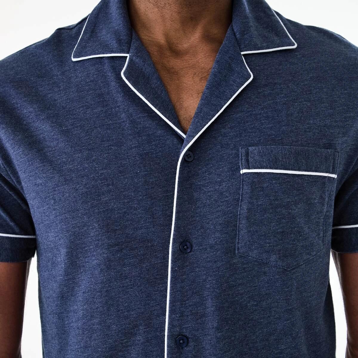 6 Short Sleeve Button Through Knit Pyjama Set NAVY MARLE, 6 of 8