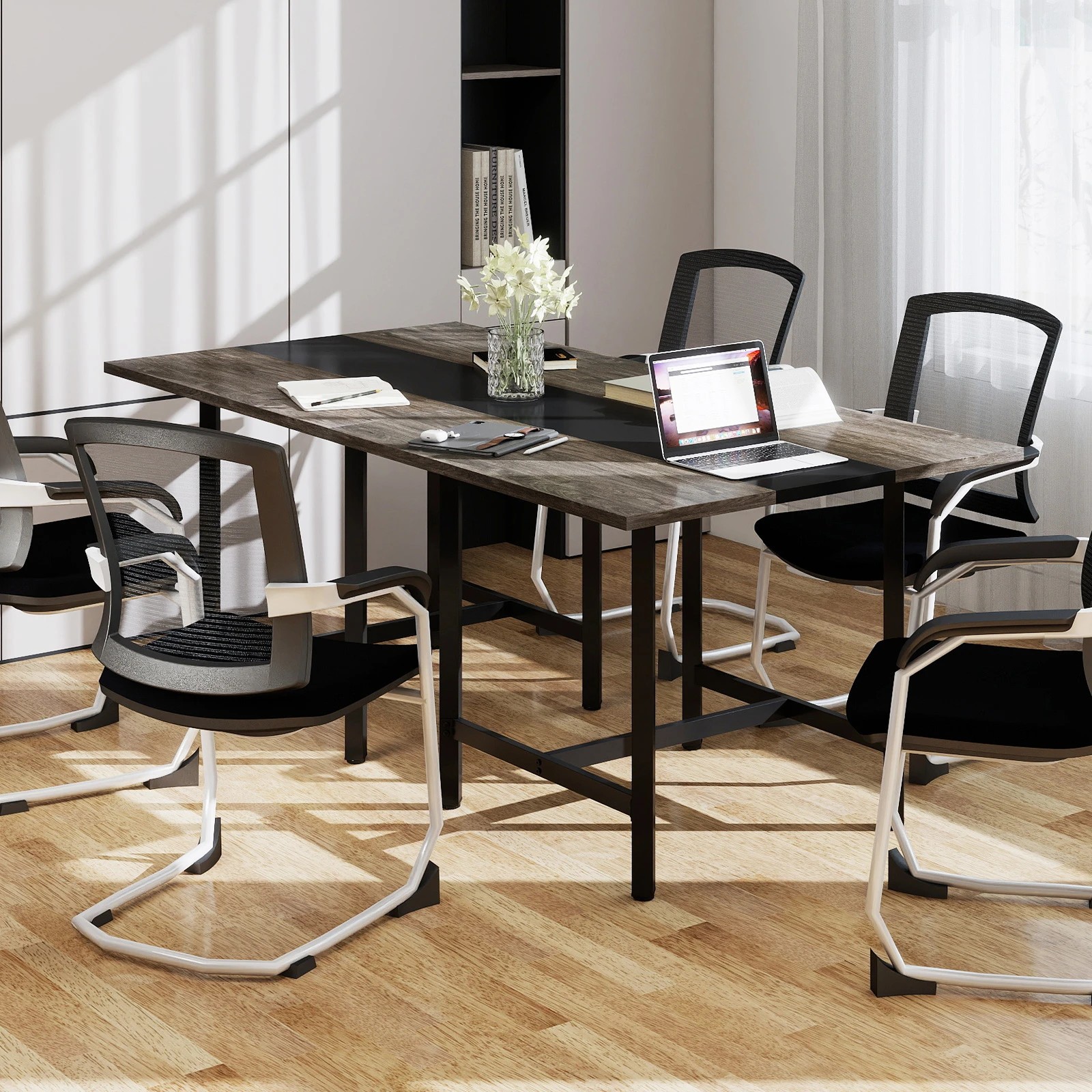 5 Costway 100cm Square Conference Table Meeting Room Seminar Table - Grey, 5 of 7