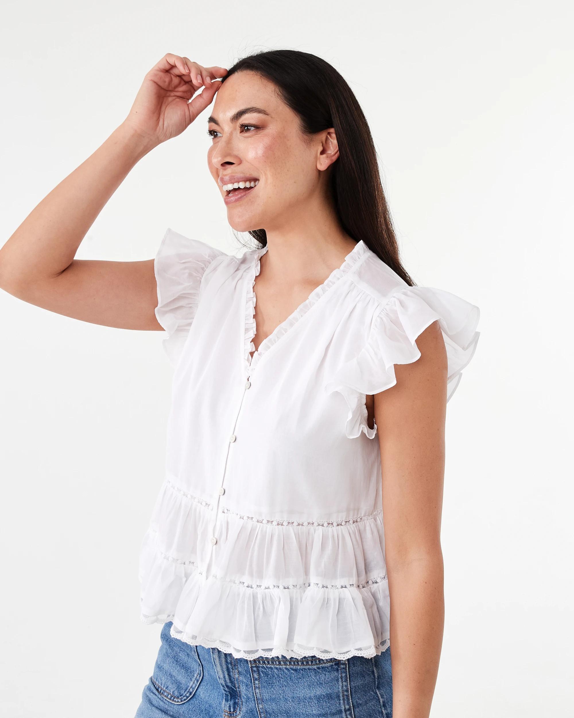 2 Short Sleeve Lace Trim Flutter Top White, 2 of 8
