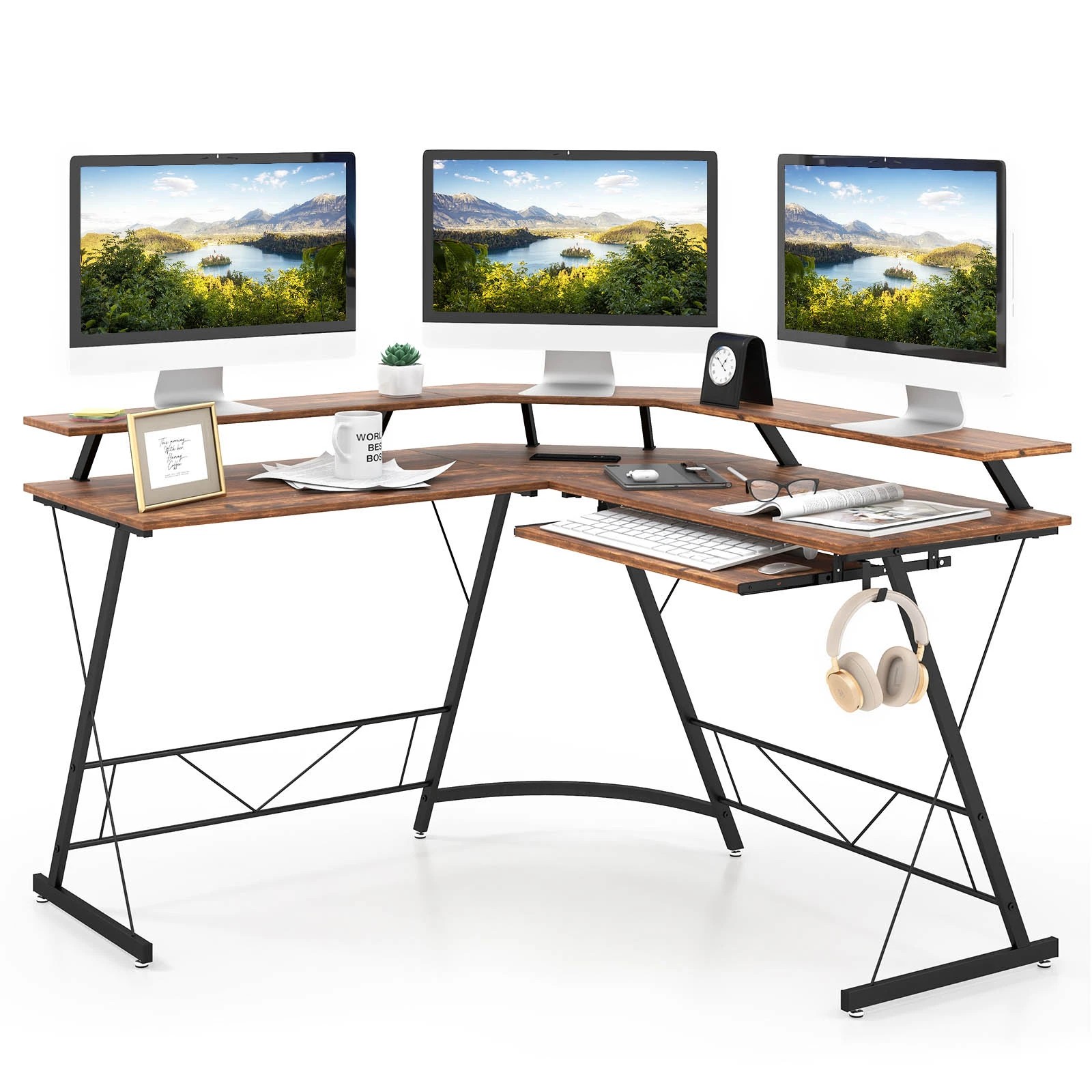 5 Costway L-shaped Computer Desk Corner Gaming Desk w/Power Outlet, 5 of 6