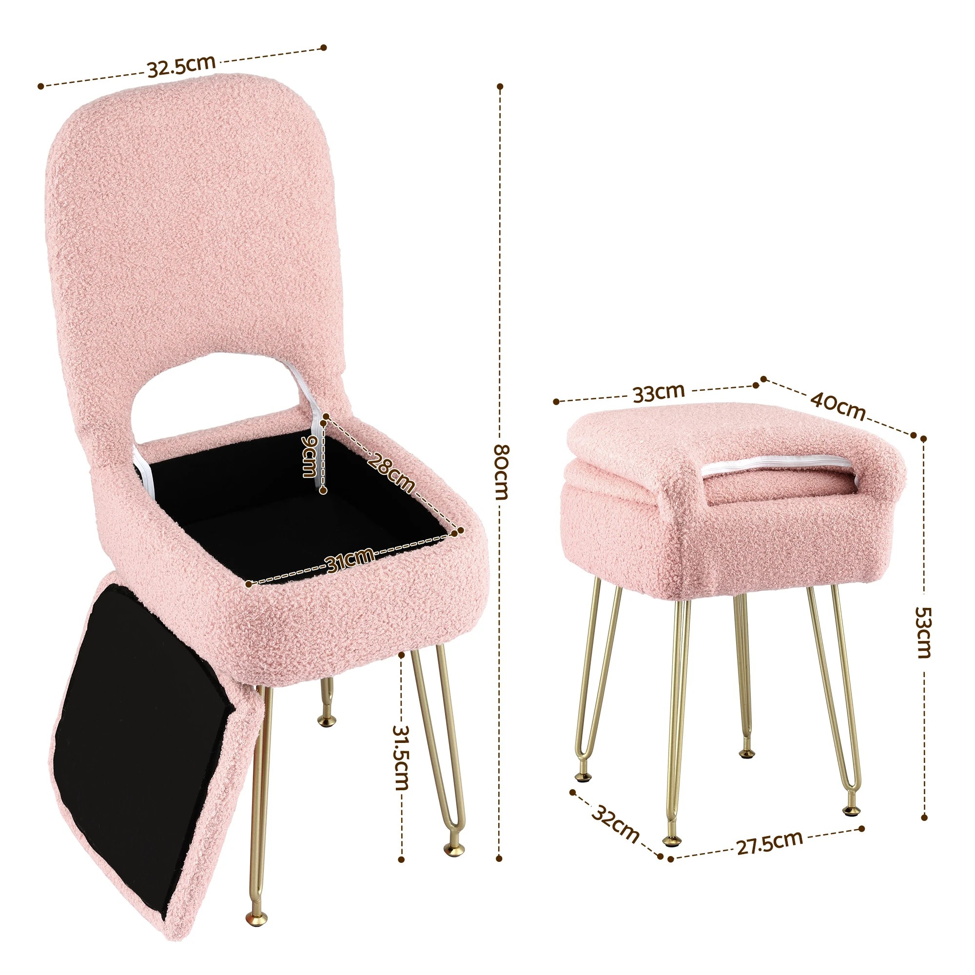 2 Artiss Storage Ottoman Vanity Stool Foot Stool Folding Back - Pink, 2 of 8