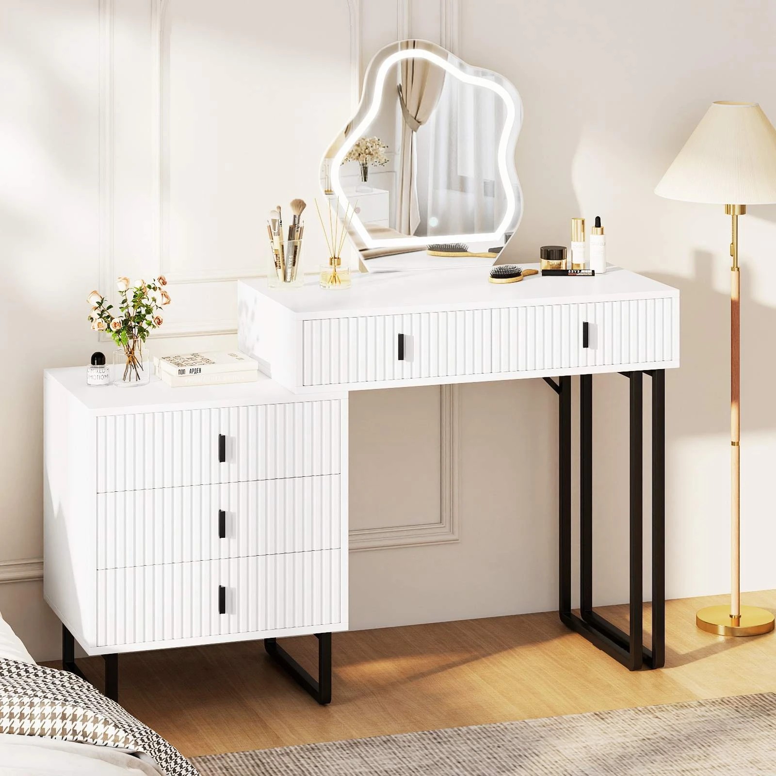 2 Costway Vanity Desk Makeup Table Modern Dressing Table w/Side Tabletop, 2 of 4