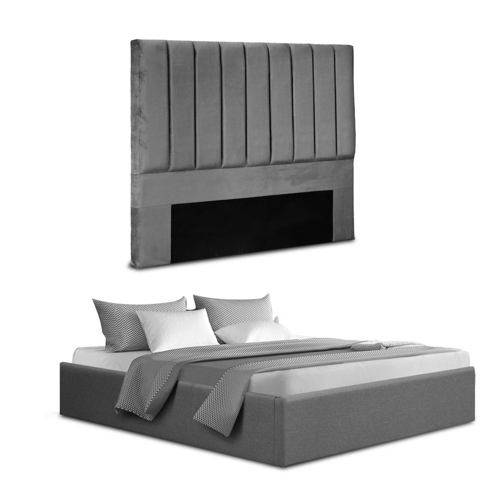 1 Artiss Double Bed Frame with Storage  Velvet Headboard Gas Lift Platform - Grey, 1 of 6