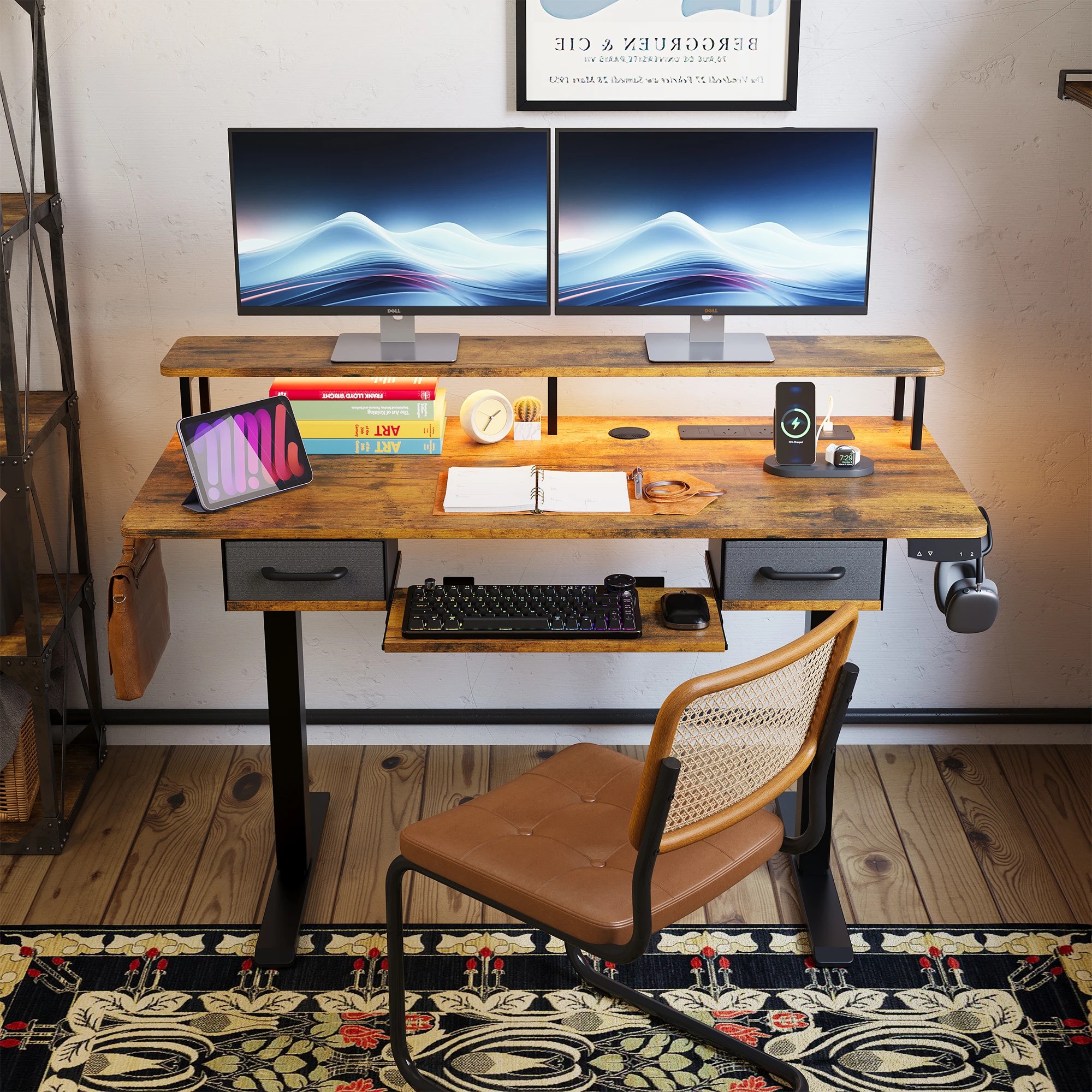 7 Advwin Electric Standing Desk with Monitor Stand and keyboard tray 120cm - Brown, 7 of 8