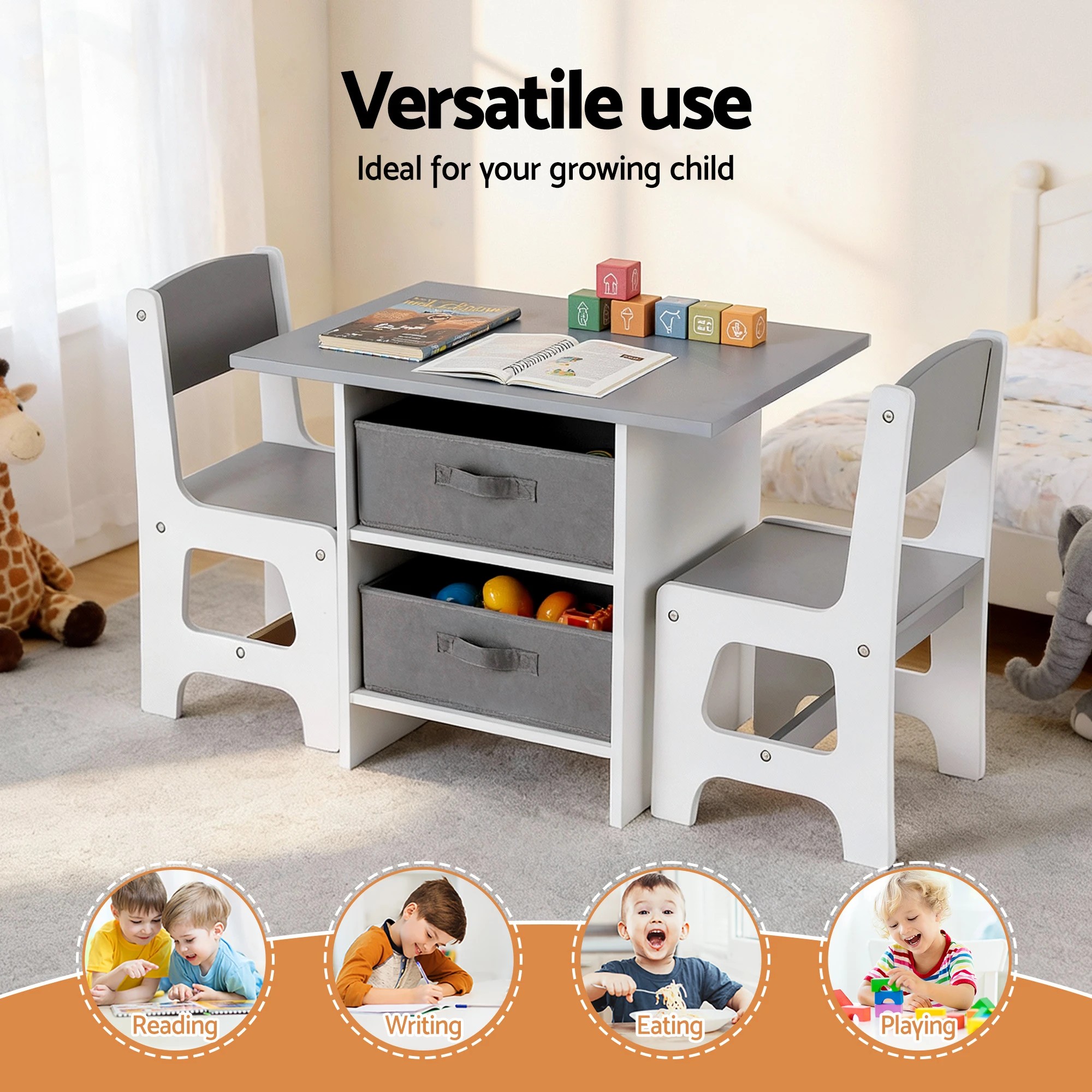3 Keezi Kids Table and 2 Chairs Set Wooden Activity Table wit 2 Storage Drawers - Grey, 3 of 4