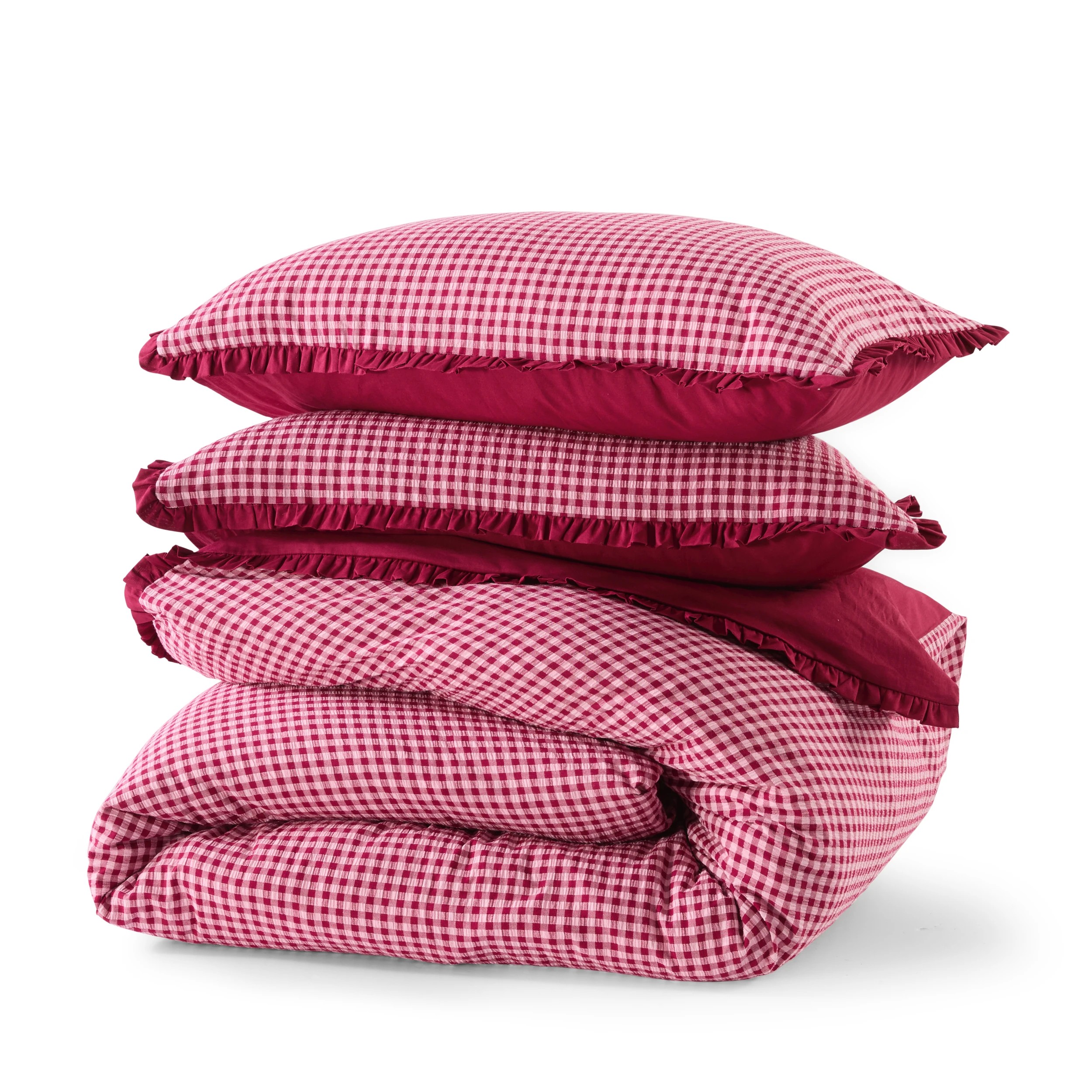6 Gingham Ruffle Cotton Quilt Cover Set - Queen Bed, Berry, 6 of 7