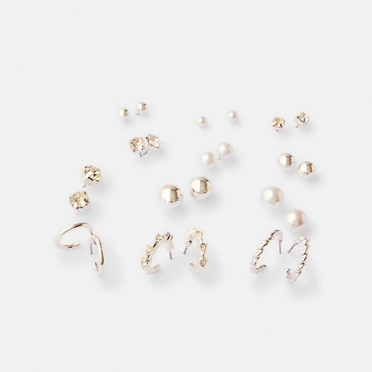 3 12 Pack Diamante Faux Pearl Hoop and Stud Earrings - Silver Tone Silver, 3 of 5