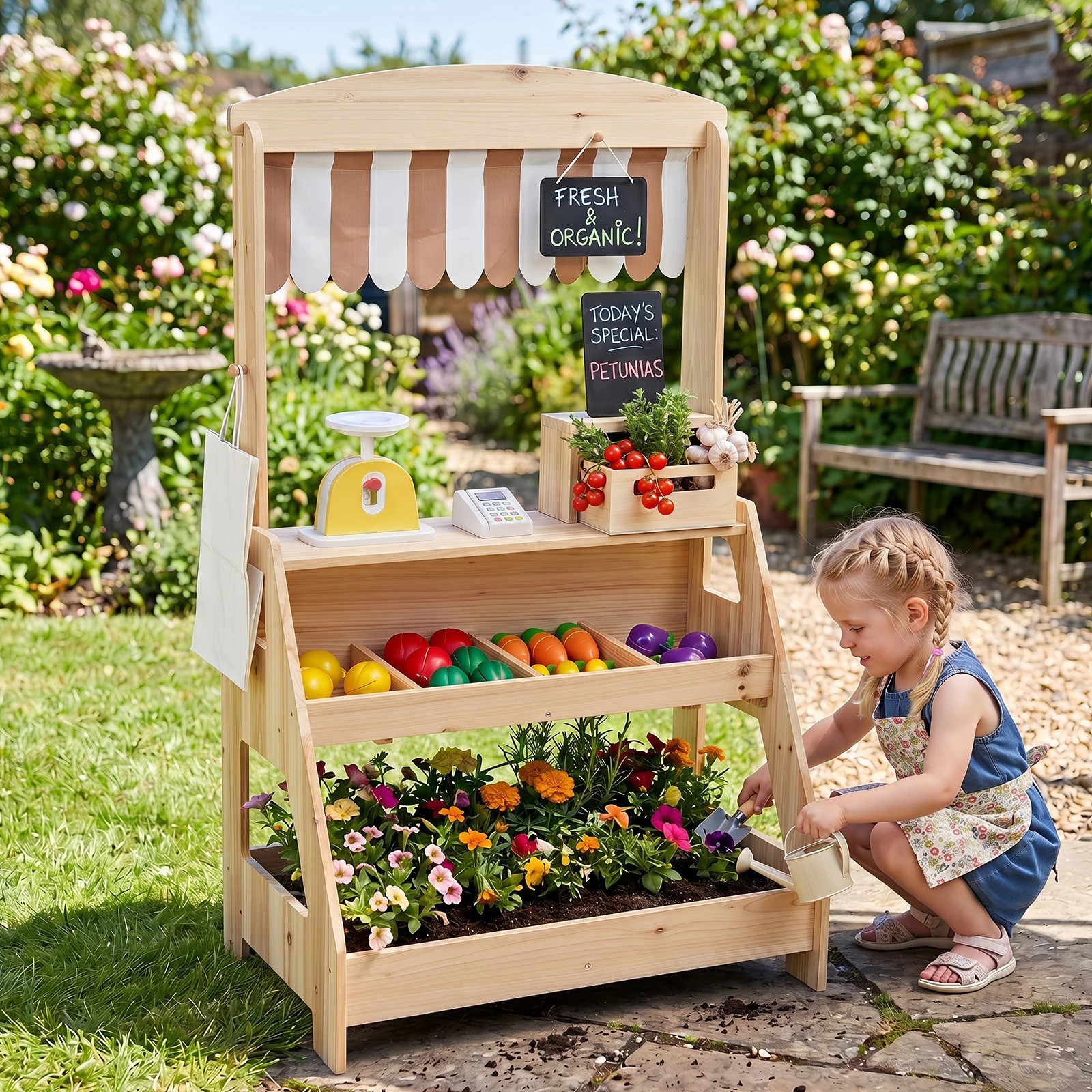 3 Costway Wood Mud Kitchen & Market Stand 2in1 Pretend Playset Planter Box 2 Chalkboard - Natural, 3 of 4