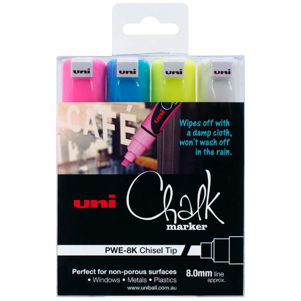 1 Uni Liquid Chalk Marker Chisel Assorted 4 Pack, 1 of 2