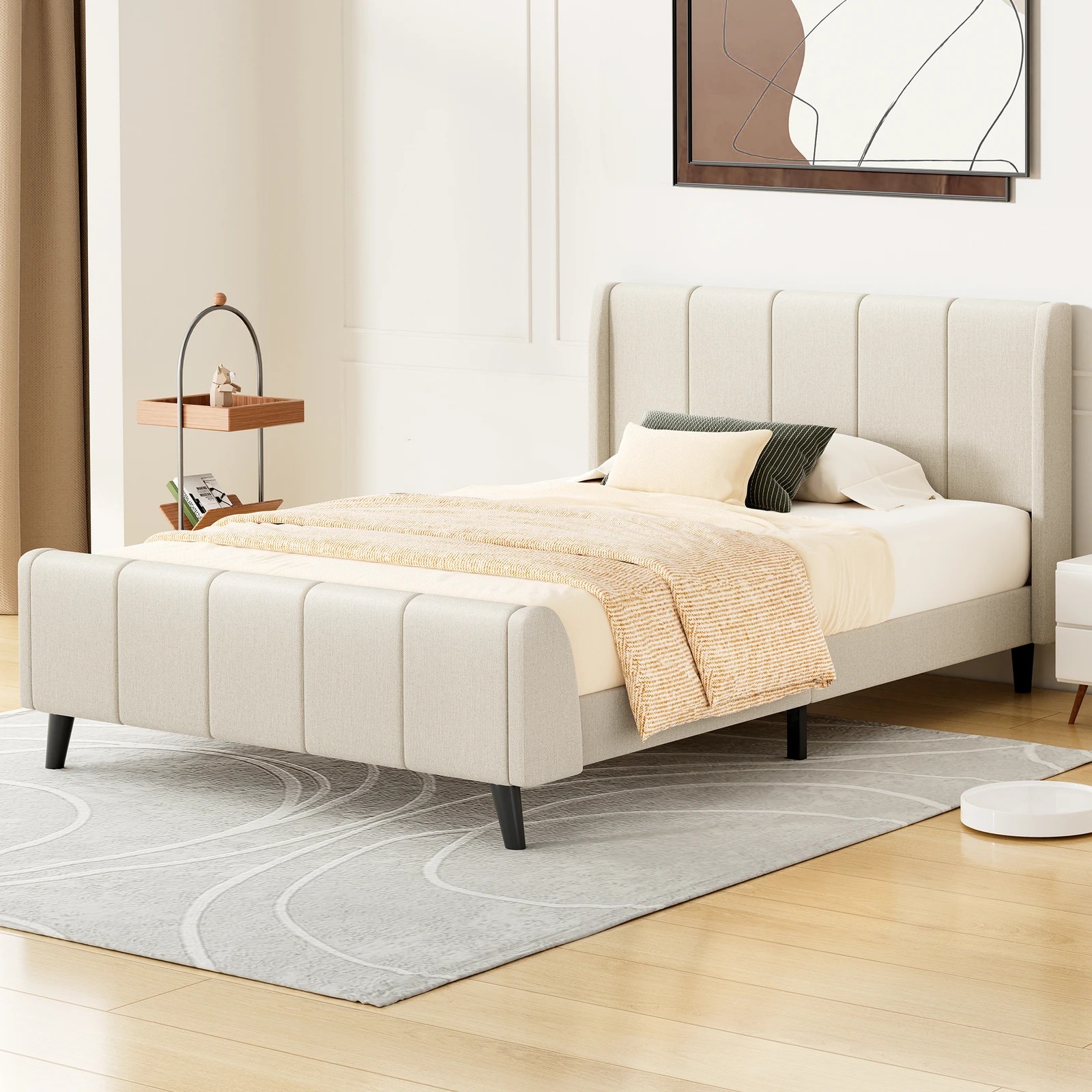 2 Alfordson Bed Frame Single Size Tufted Headboard Base Beige Fabric Hundolf - Beige, 2 of 10