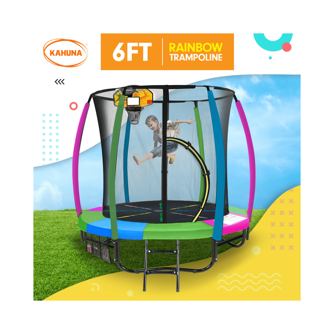 4 Kahuna Trampoline 6 Ft With Basketball Set - Rainbow, 4 of 9