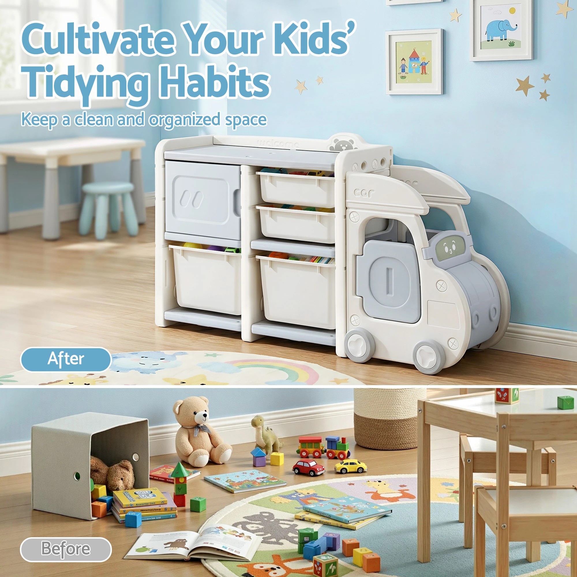 4 Keezi Toy Storage Organizer with 4 Storage Bins and Cabinet Bookcase Kids Toys - Multi, 4 of 6