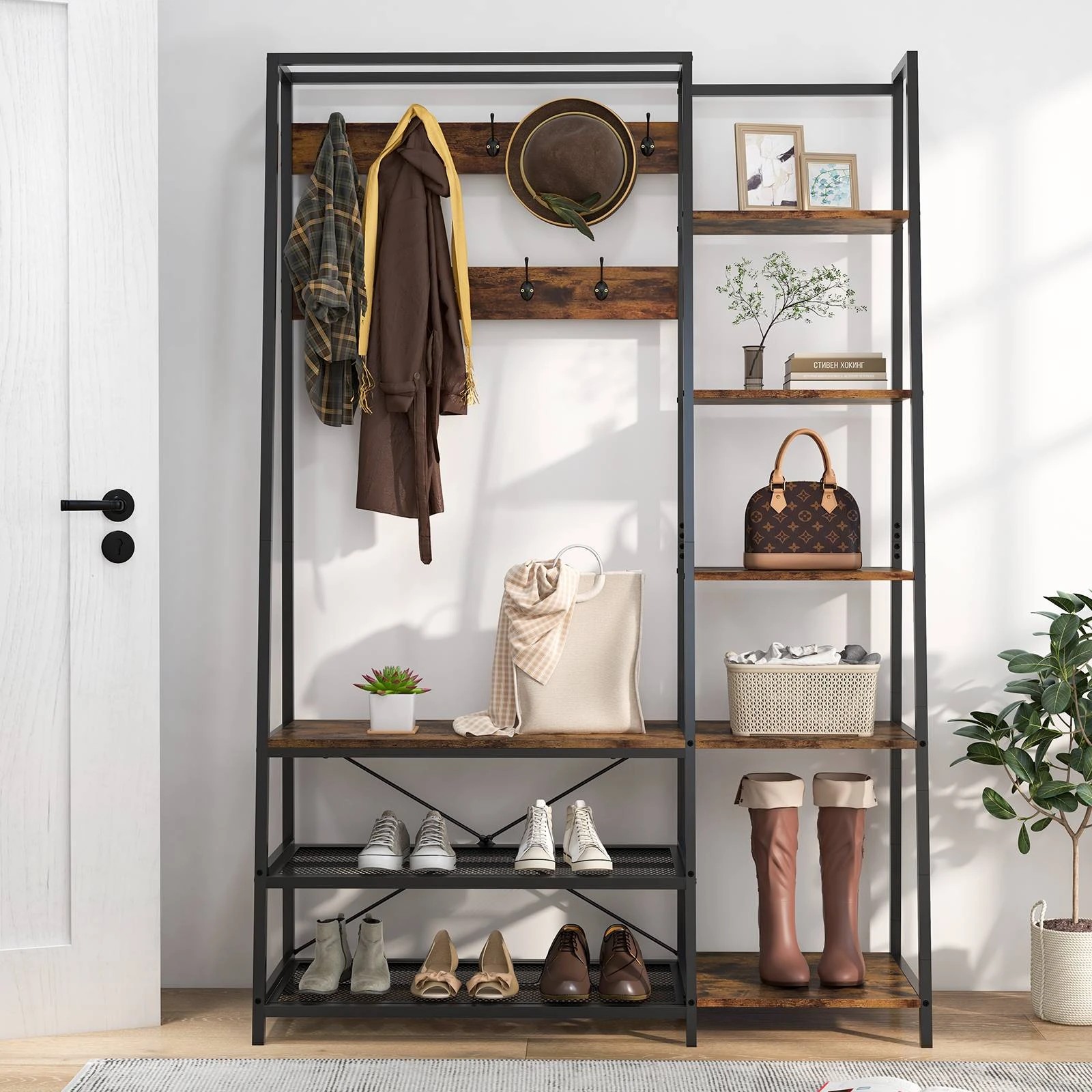 7 Costway Industrial Coat Rack Shoe Bench w/Open Storage Shelf Wardrobe Entryway Hallway Rack - Brown, 7 of 7